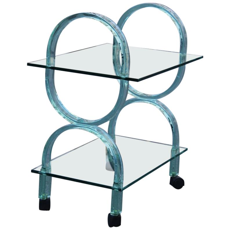 Bar Cart Italian Design Curved Solid Glass Green Fiam, 1980s