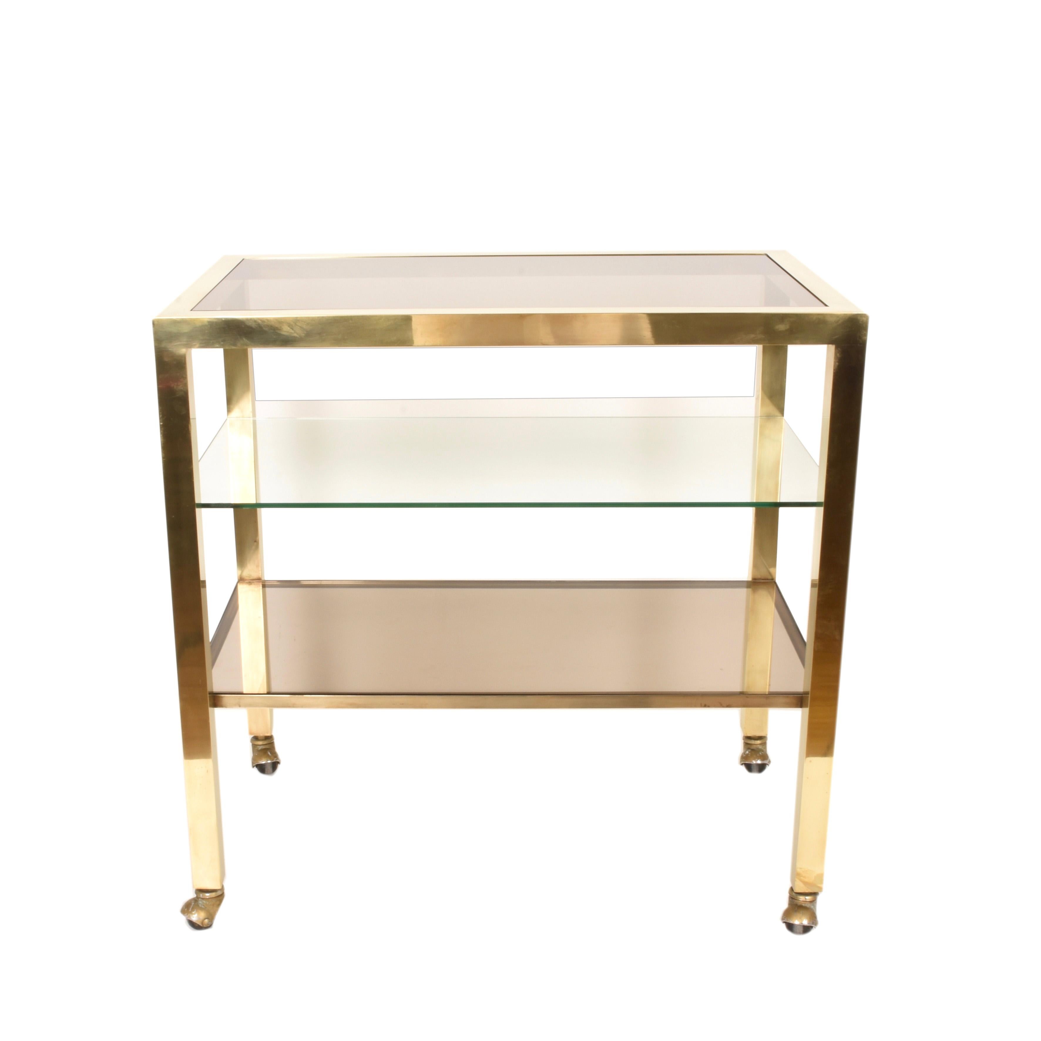 Mid-Century Modern Bar Cart Italy on Three Levels and Smoked Glass, Vintage 1970s Gold-Plated Brass For Sale