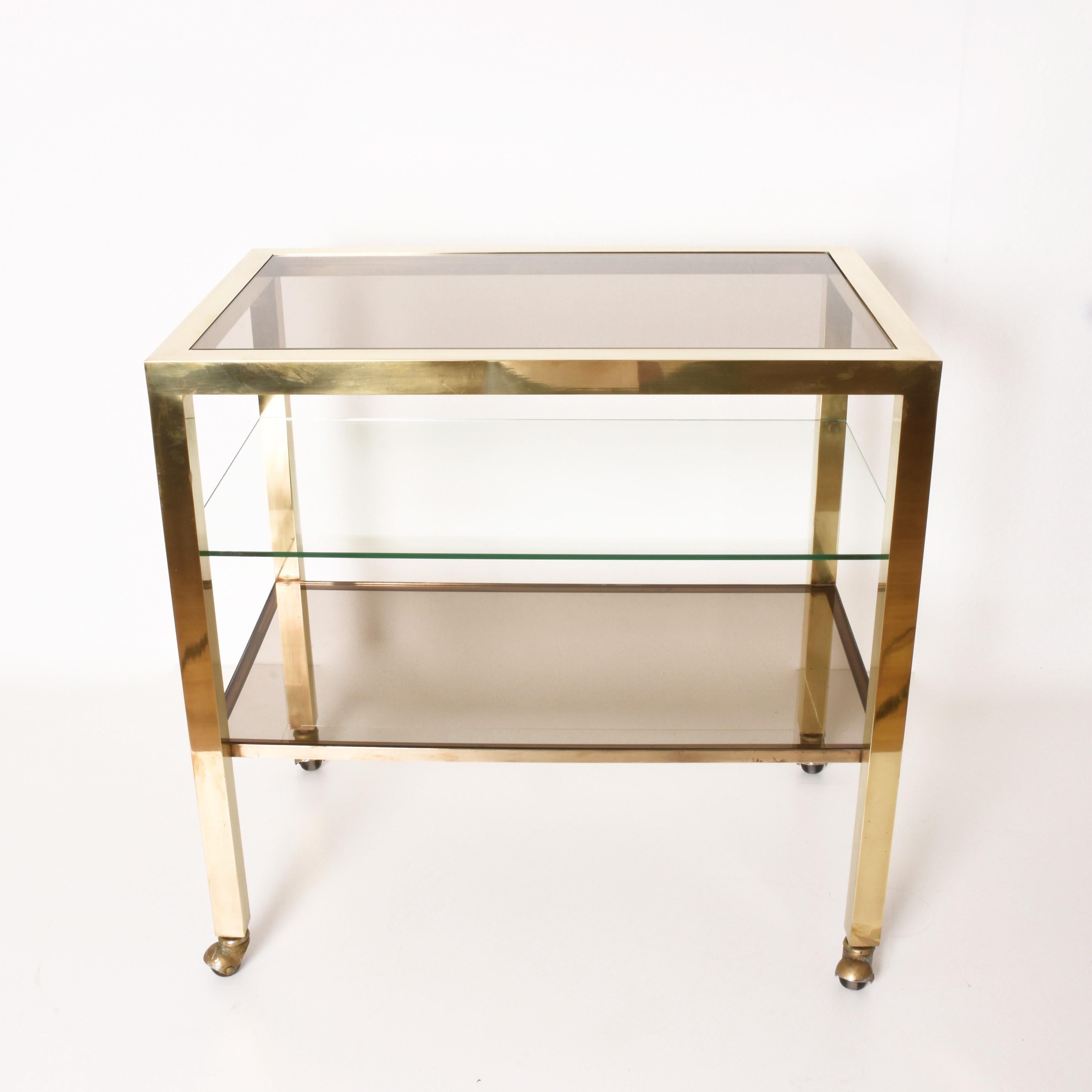 Italian Bar Cart Italy on Three Levels and Smoked Glass, Vintage 1970s Gold-Plated Brass For Sale