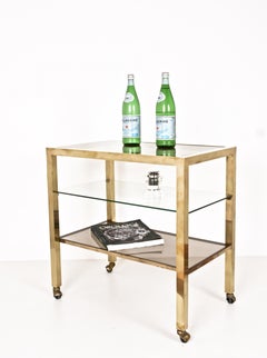 Barwagen Italien auf drei Ebenen und Rauchglas, vergoldetes Messing, Vintage 1970er Jahre