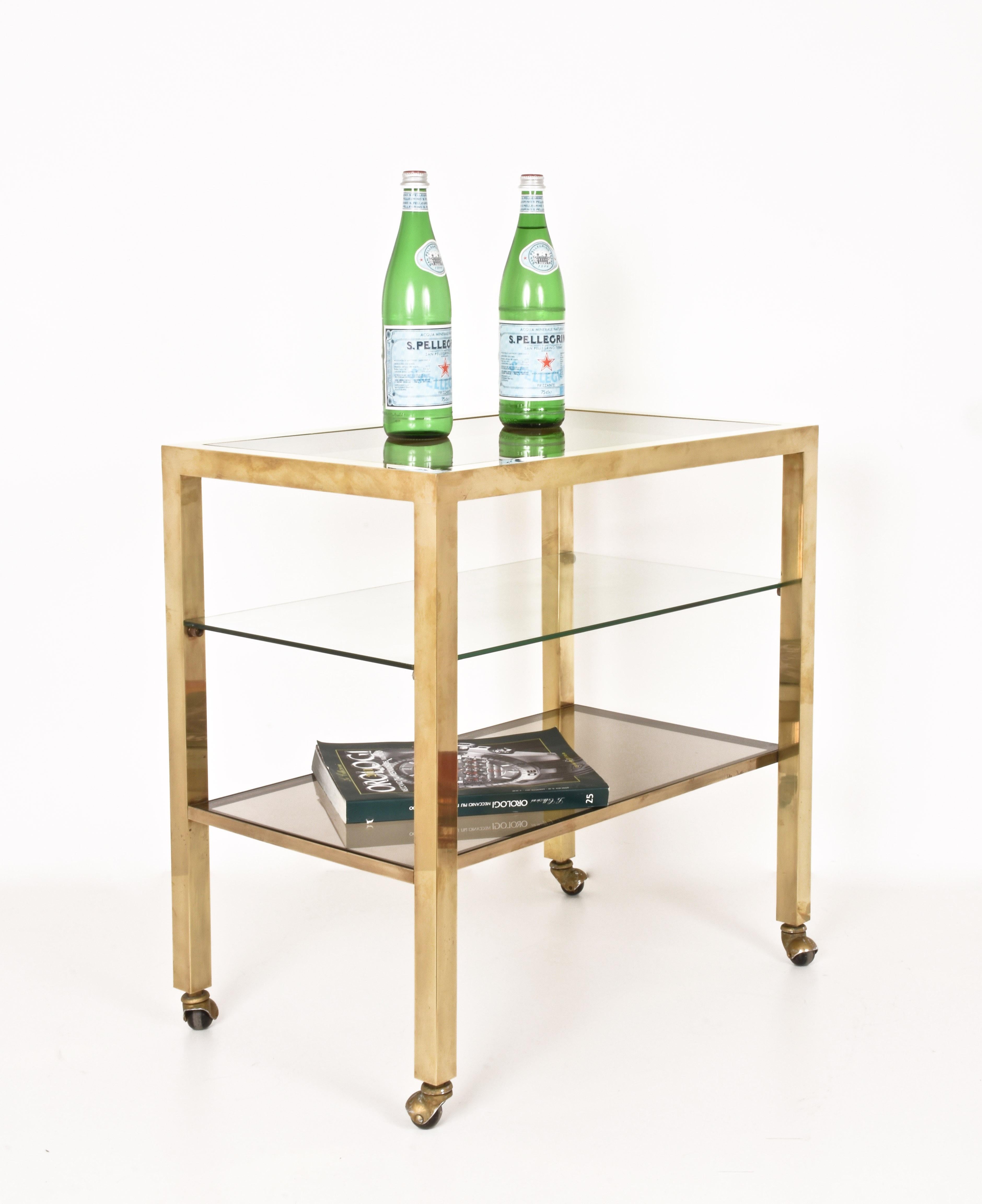 Bar Cart Italy on Three Levels and Smoked Glass, Vintage 1970s Gold-Plated Brass In Good Condition For Sale In Roma, IT