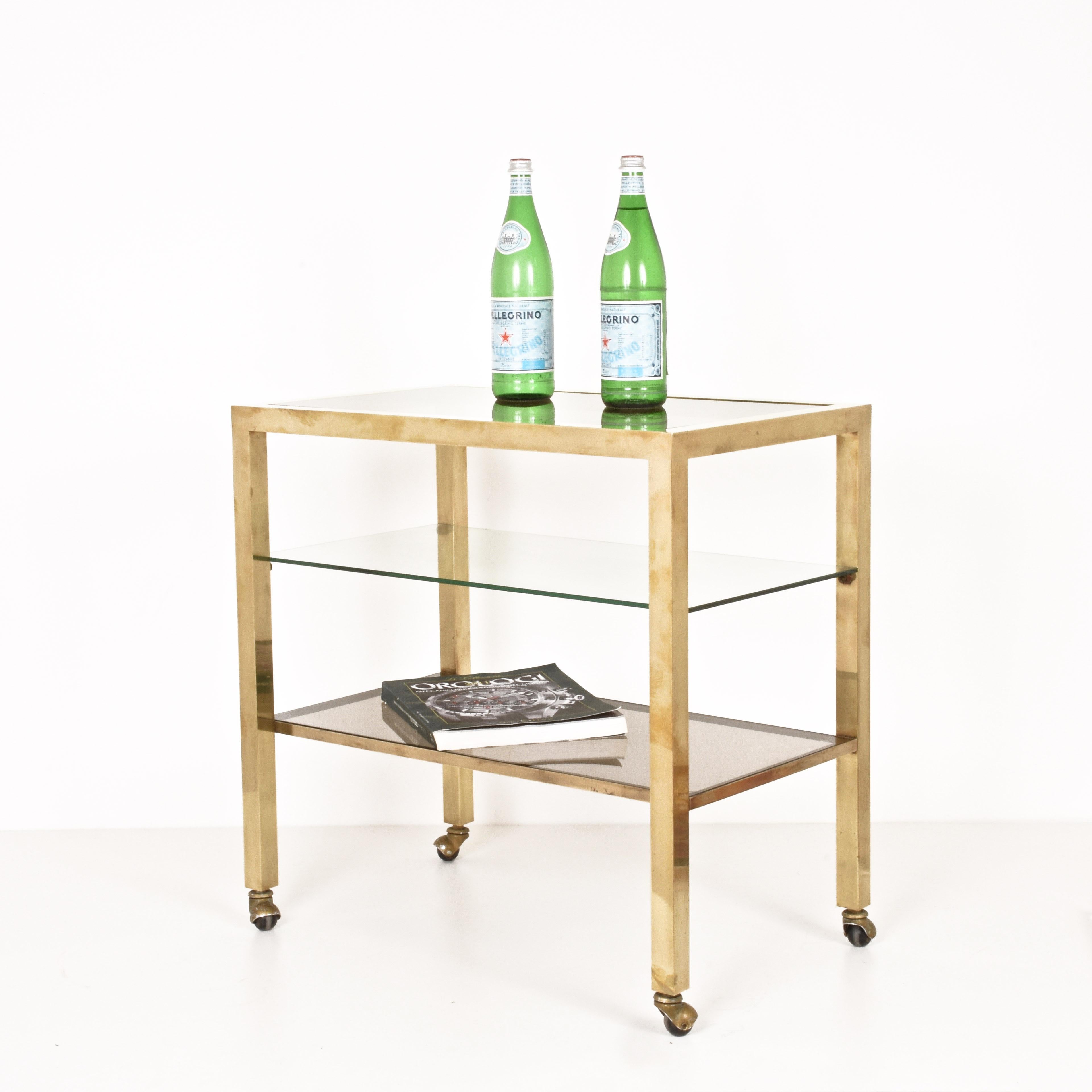20th Century Bar Cart Italy on Three Levels and Smoked Glass, Vintage 1970s Gold-Plated Brass For Sale