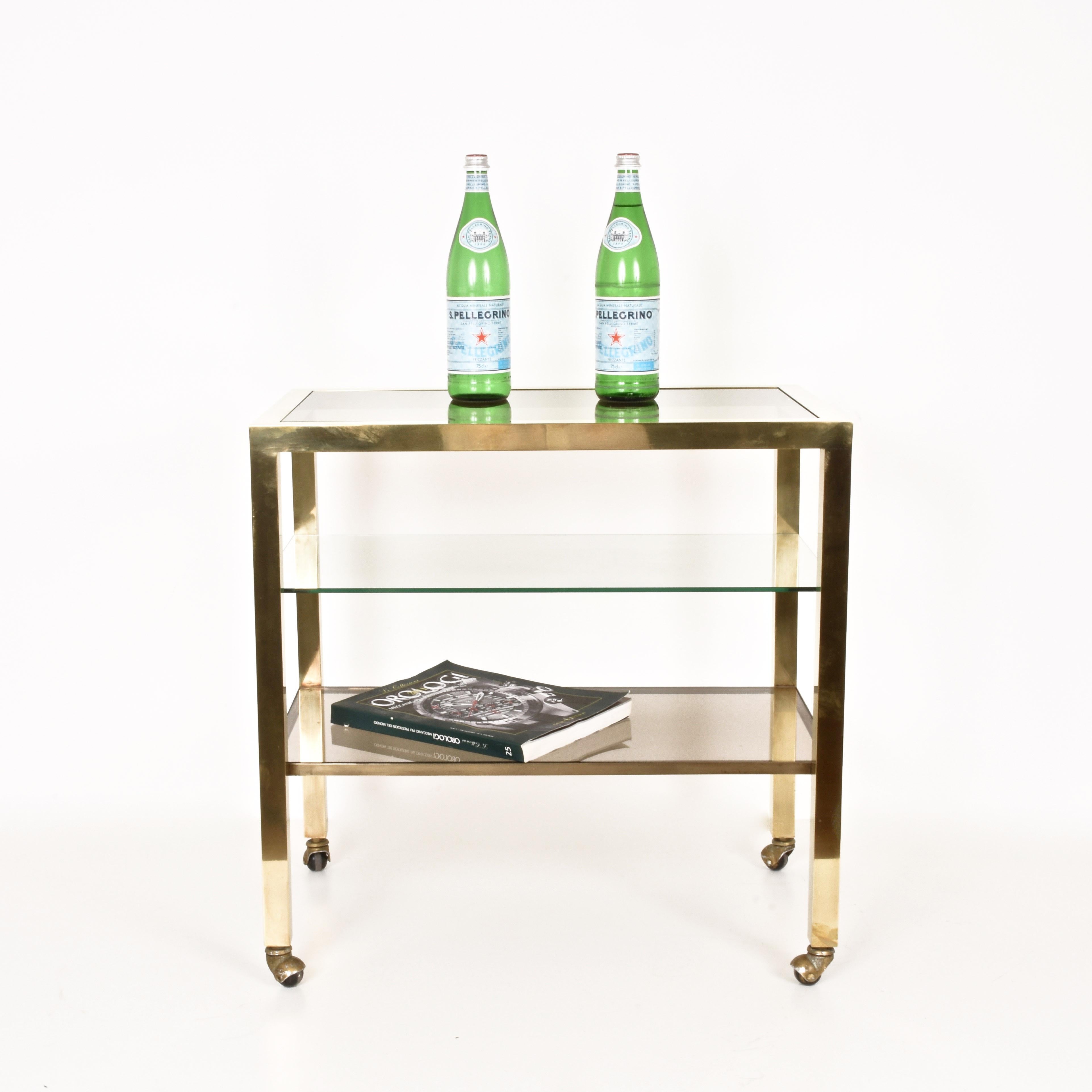 Bar Cart Italy on Three Levels and Smoked Glass, Vintage 1970s Gold-Plated Brass For Sale 1