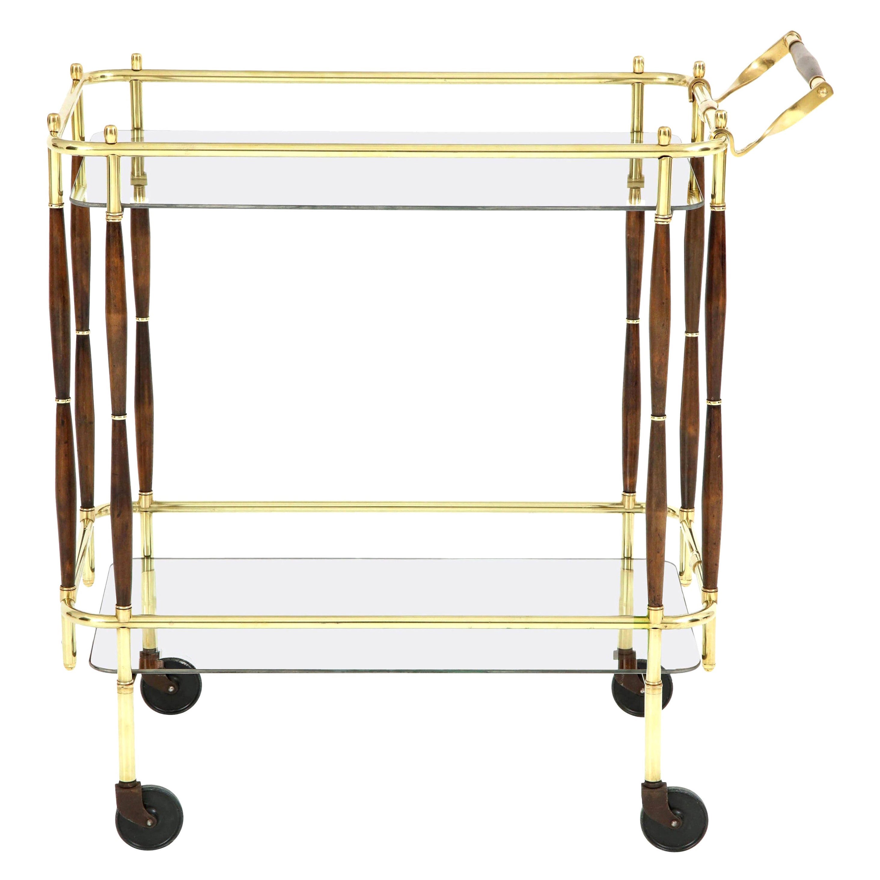 Bar Cart, Mid-Century Modern, Brass with Dark Wood Details, C 1950, American Bar