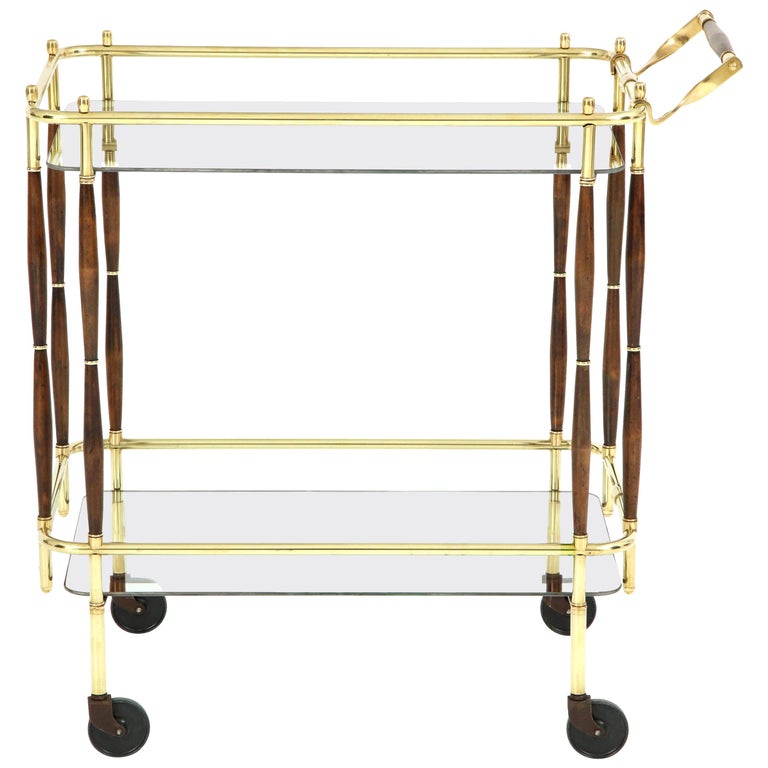 Bar Cart, Mid-Century Modern, Brass with Dark Wood Details, C 1950 For Sale