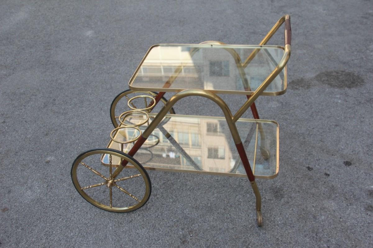 Bar cart Mid-Century Modern Italian design brass wood glass gold design, 1950.
