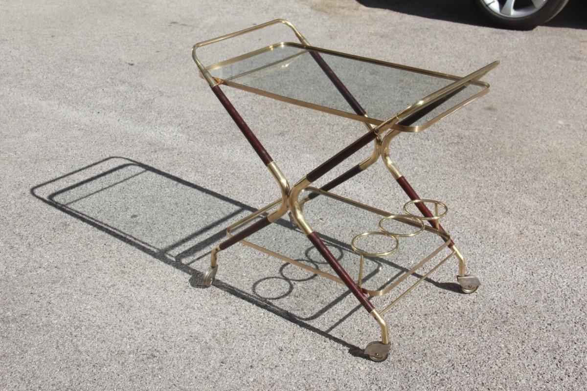 Bar cart Mid-Century Modern Italian design brass wood glass gold design, 1950.
