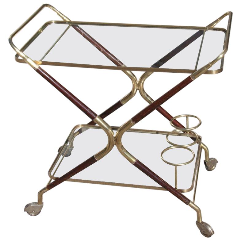 Bar Cart Mid-Century Modern Italian Design Brass Wood Glass Gold Design, 1950