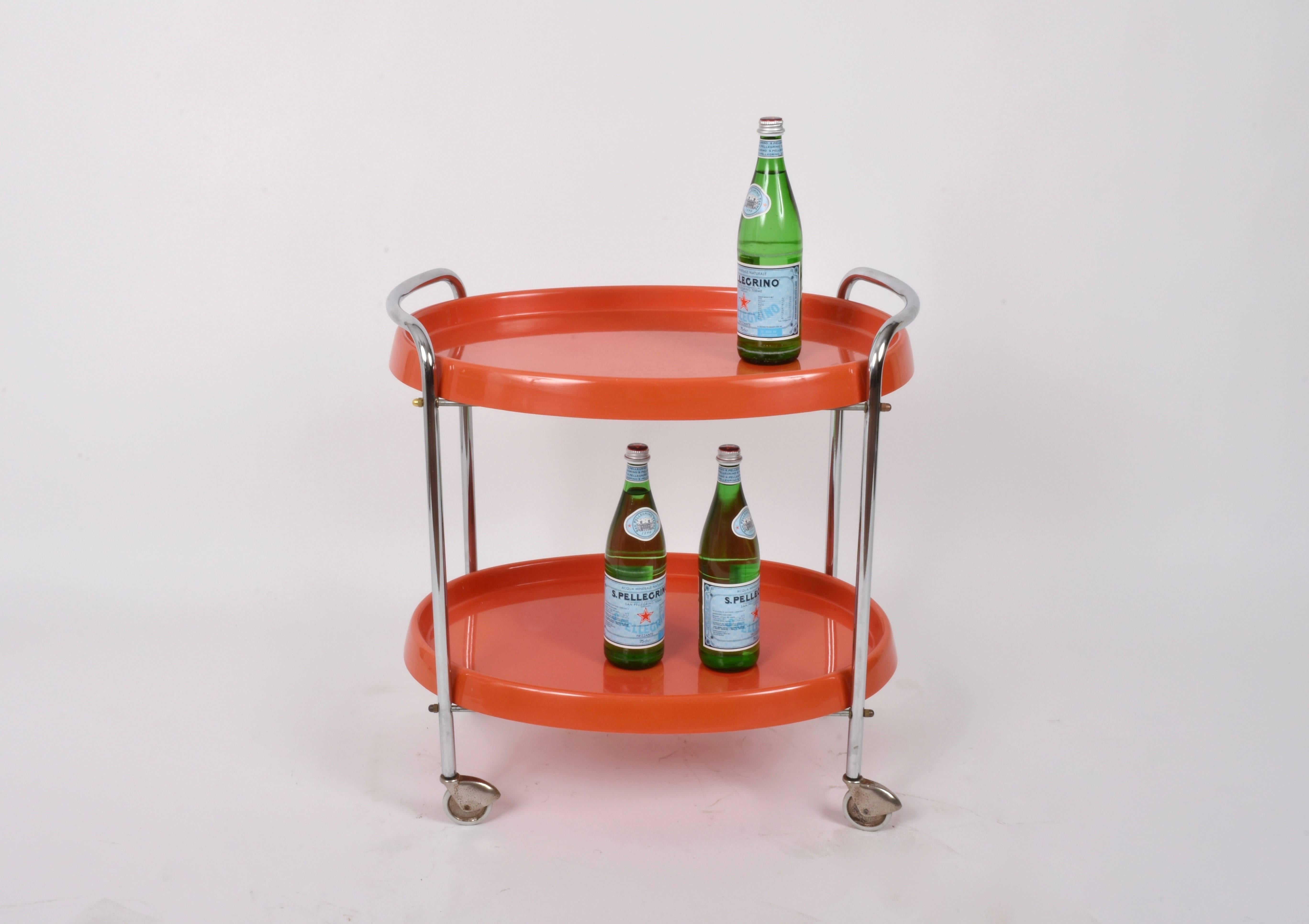 Mid-Century Modern Bar Cart Oval in Orange Plastic and Metal Chrome, Italy, 1950s