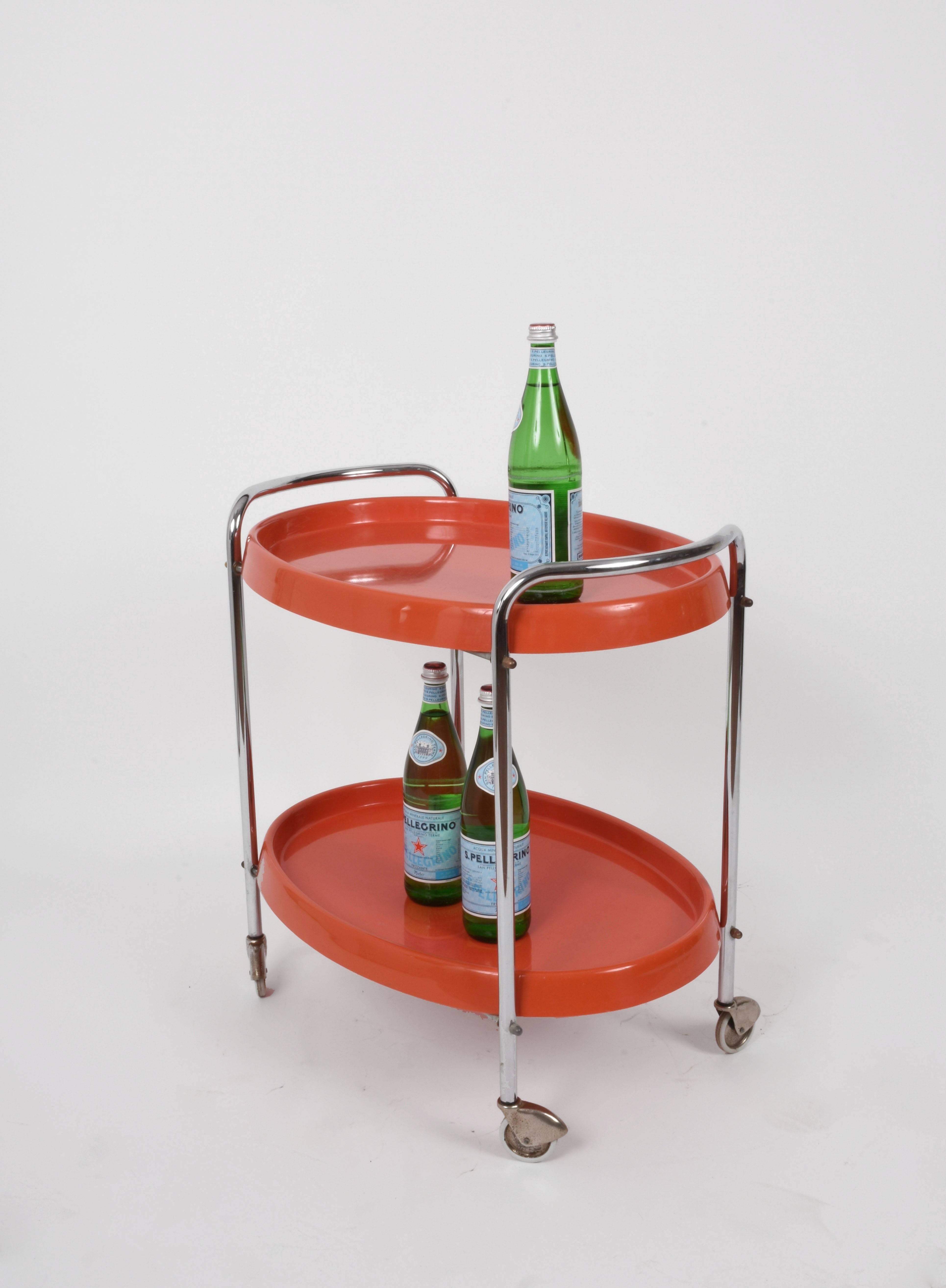 Italian Bar Cart Oval in Orange Plastic and Metal Chrome, Italy, 1950s