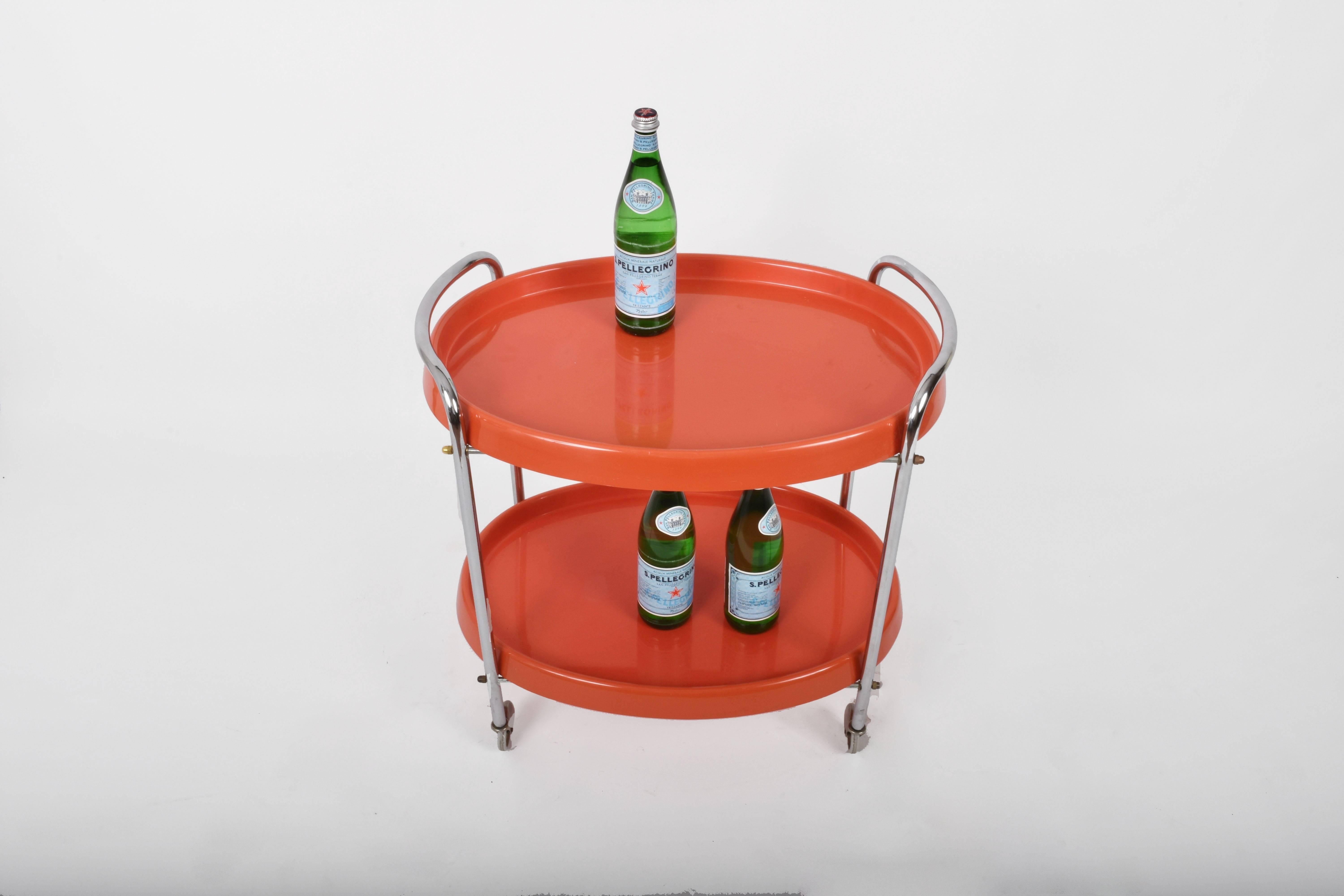 Mid-20th Century Bar Cart Oval in Orange Plastic and Metal Chrome, Italy, 1950s