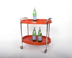 Bar Cart Oval in Orange Plastic and Metal Chrome, Italy, 1950s