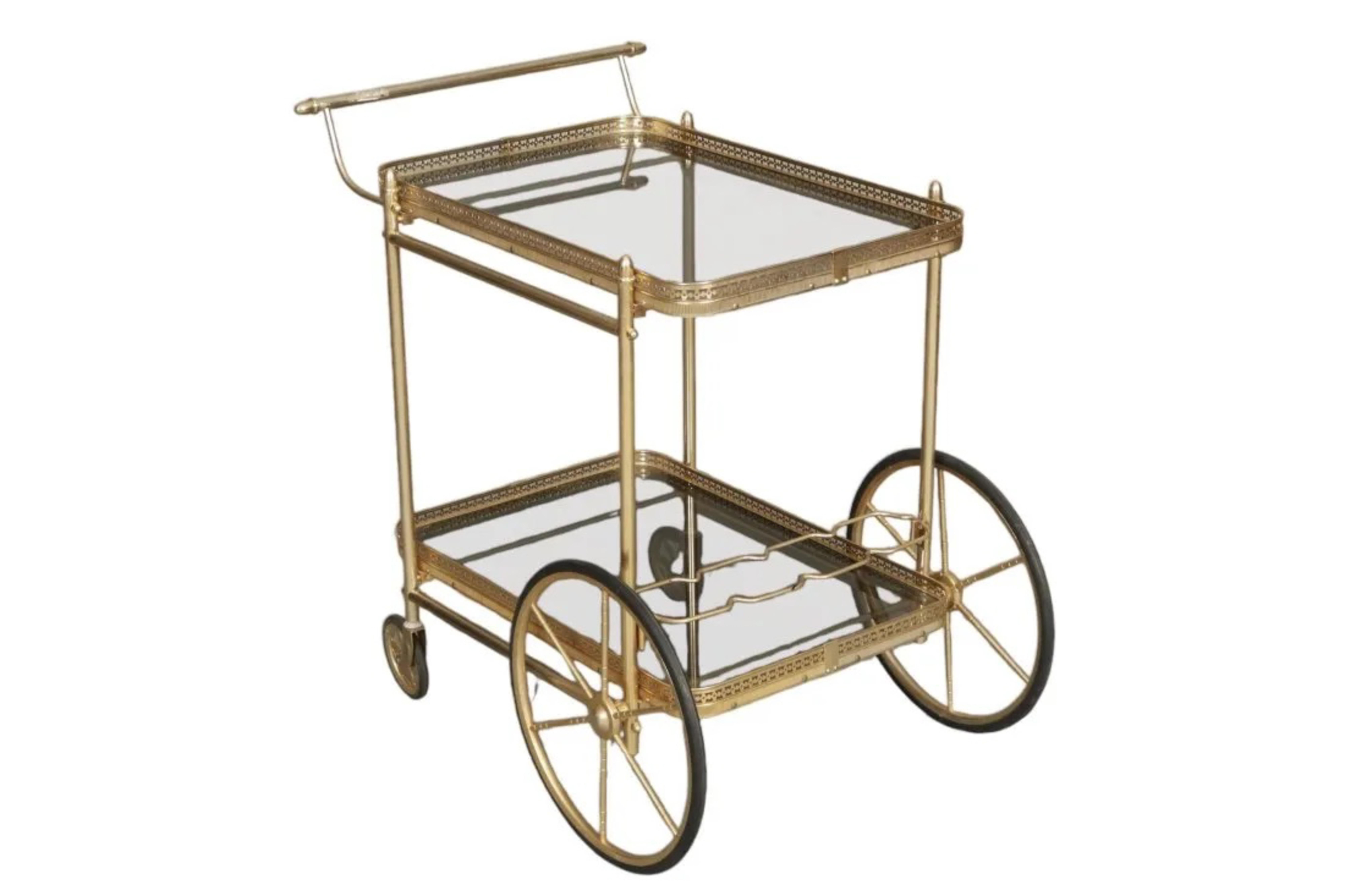 Bar Cart Serving Trolley, Brass and Glass In Good Condition For Sale In Hudson, NY
