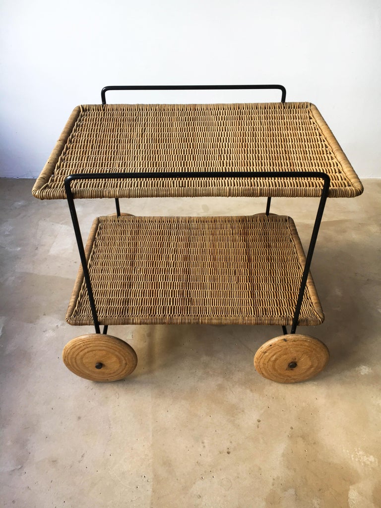 bar serving carts on Carl Aubock Ii Vintage Bar Cart Serving Trolley Iron Wicker Austria 1950s For Sale At 1stdibs