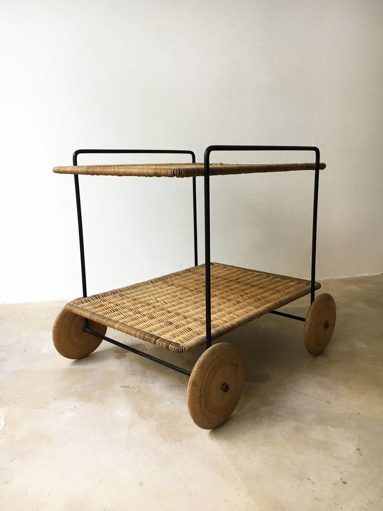 bar serving carts on Carl Aubock Ii Vintage Bar Cart Serving Trolley Iron Wicker Austria 1950s For Sale At 1stdibs