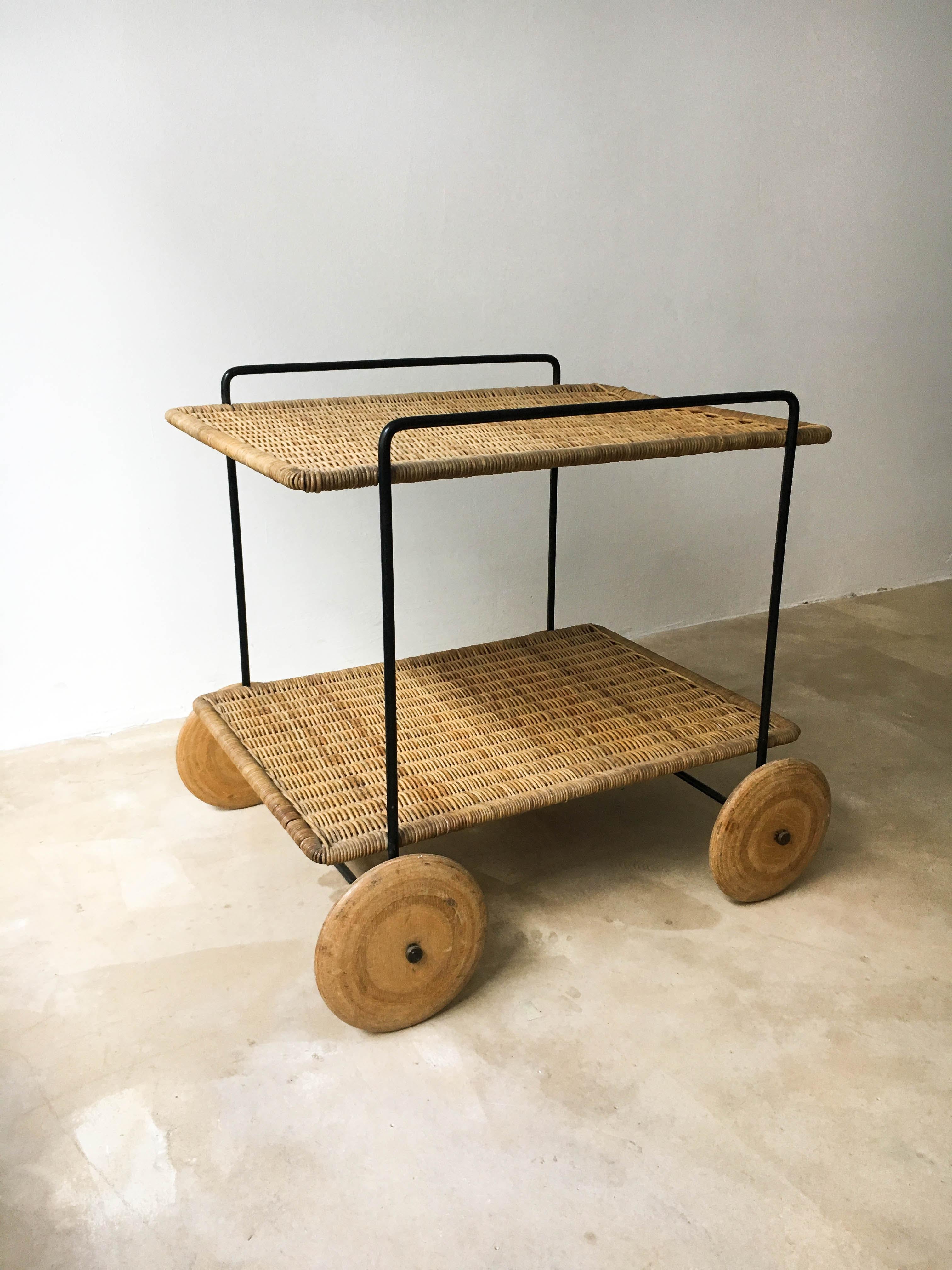 Mid-Century Modern Carl Auböck II Vintage Bar Cart Serving Trolley Iron Wicker, Austria 1950s