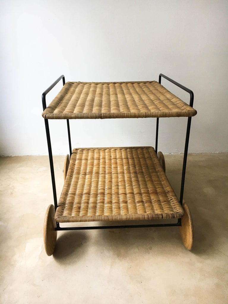 folding serving cart on wheels on Carl Aubock Ii Vintage Bar Cart Serving Trolley Iron Wicker Austria 1950s For Sale At 1stdibs