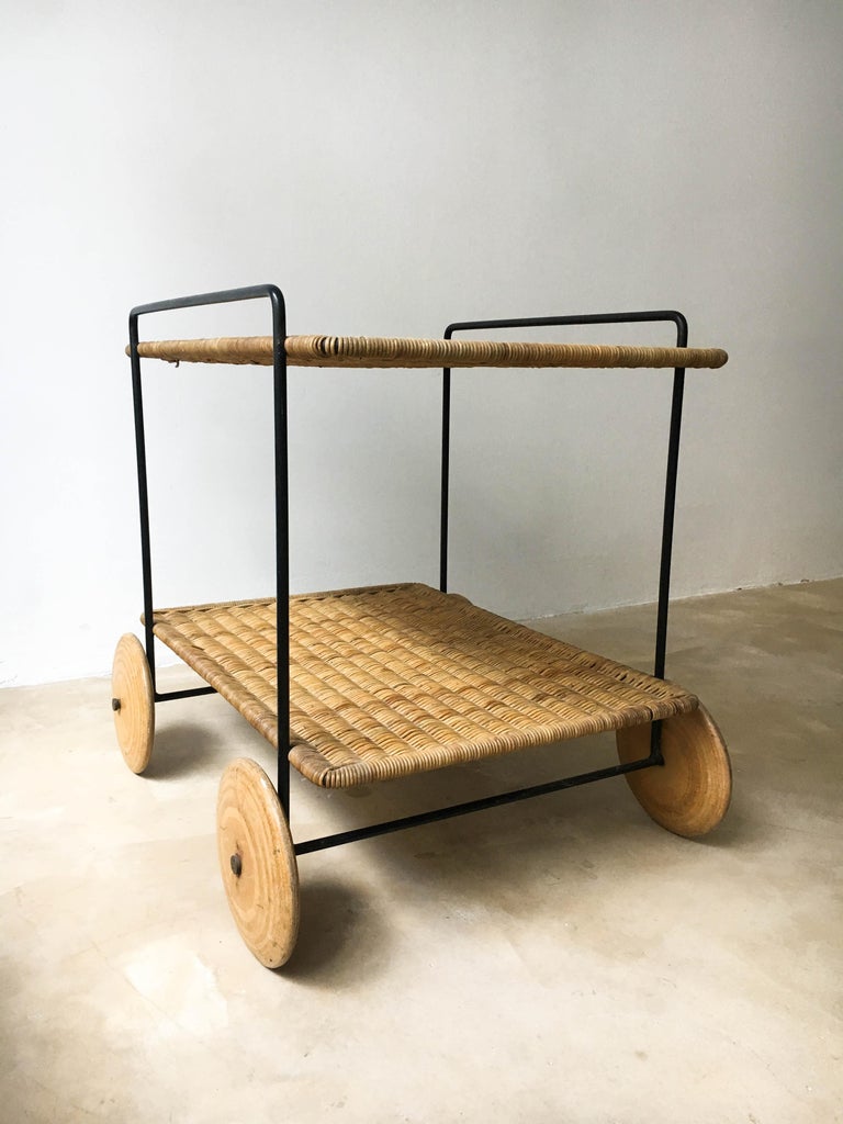 folding serving cart on wheels on Carl Aubock Ii Vintage Bar Cart Serving Trolley Iron Wicker Austria 1950s For Sale At 1stdibs