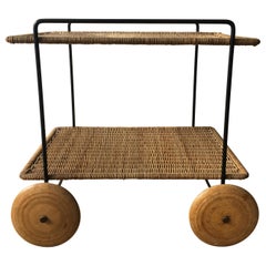 Carl Auböck II Vintage Bar Cart Serving Trolley Iron Wicker, Austria 1950s