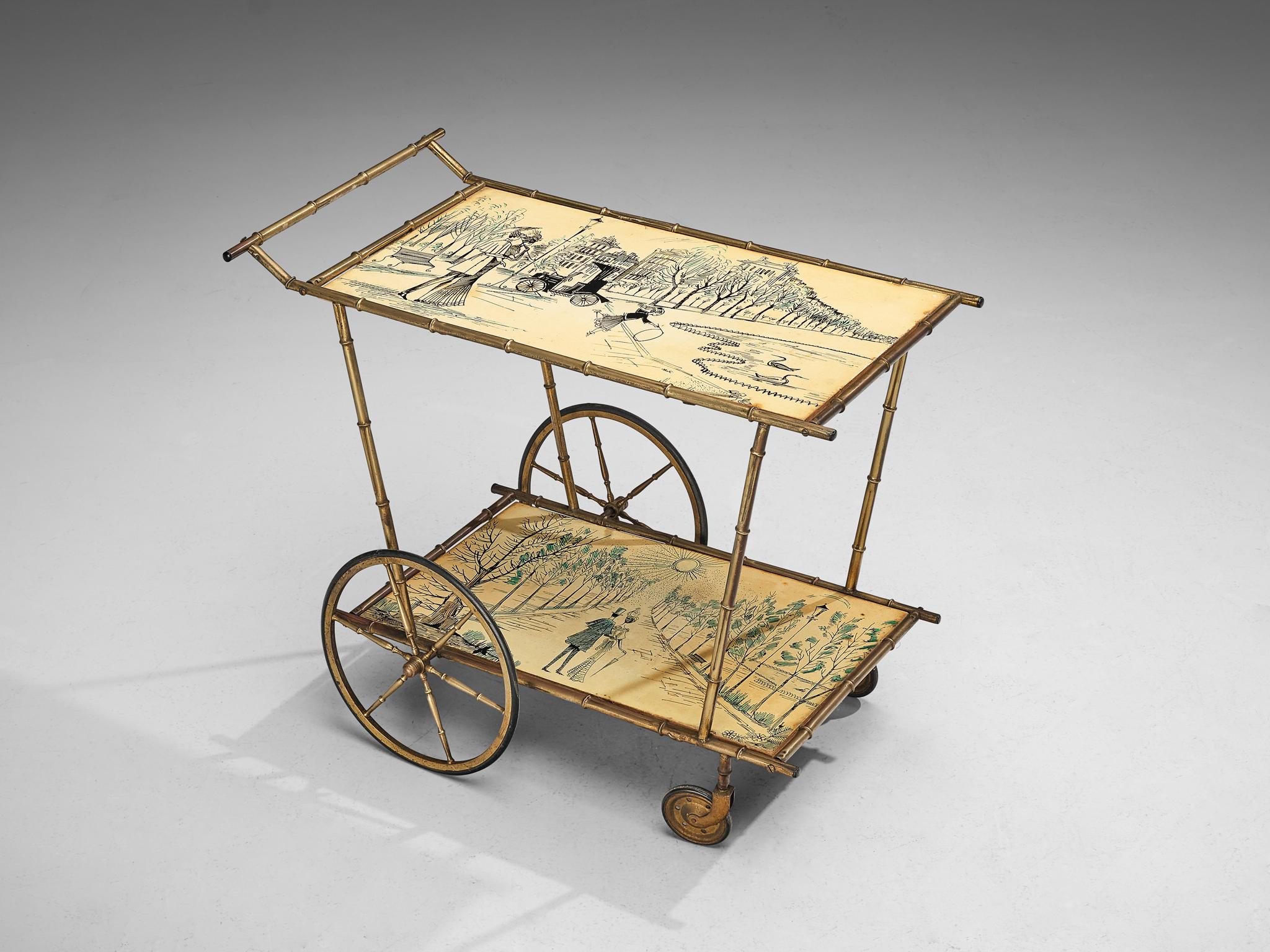 Bamboo bar cart of trolley, brass, metal, Europe, 1960s

Charming bar cart made in Europe in the 1960s. This piece is made in brass, that displays a bamboo-like frame. Within this design there is a charming appearance created by the use of decorated