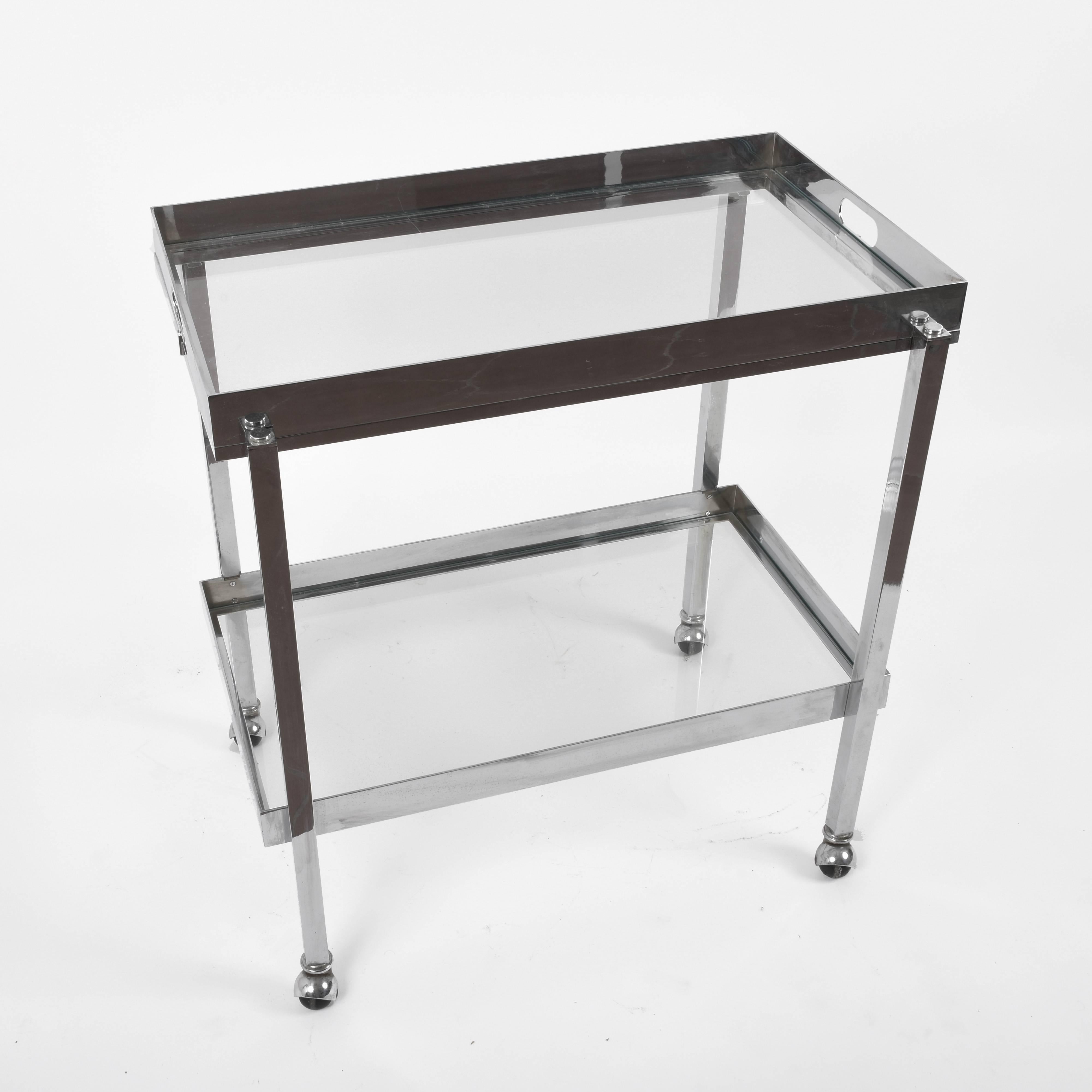 Bar Cart with Service Tray, Chromed Steel and Glass, Italy, 1970s 4