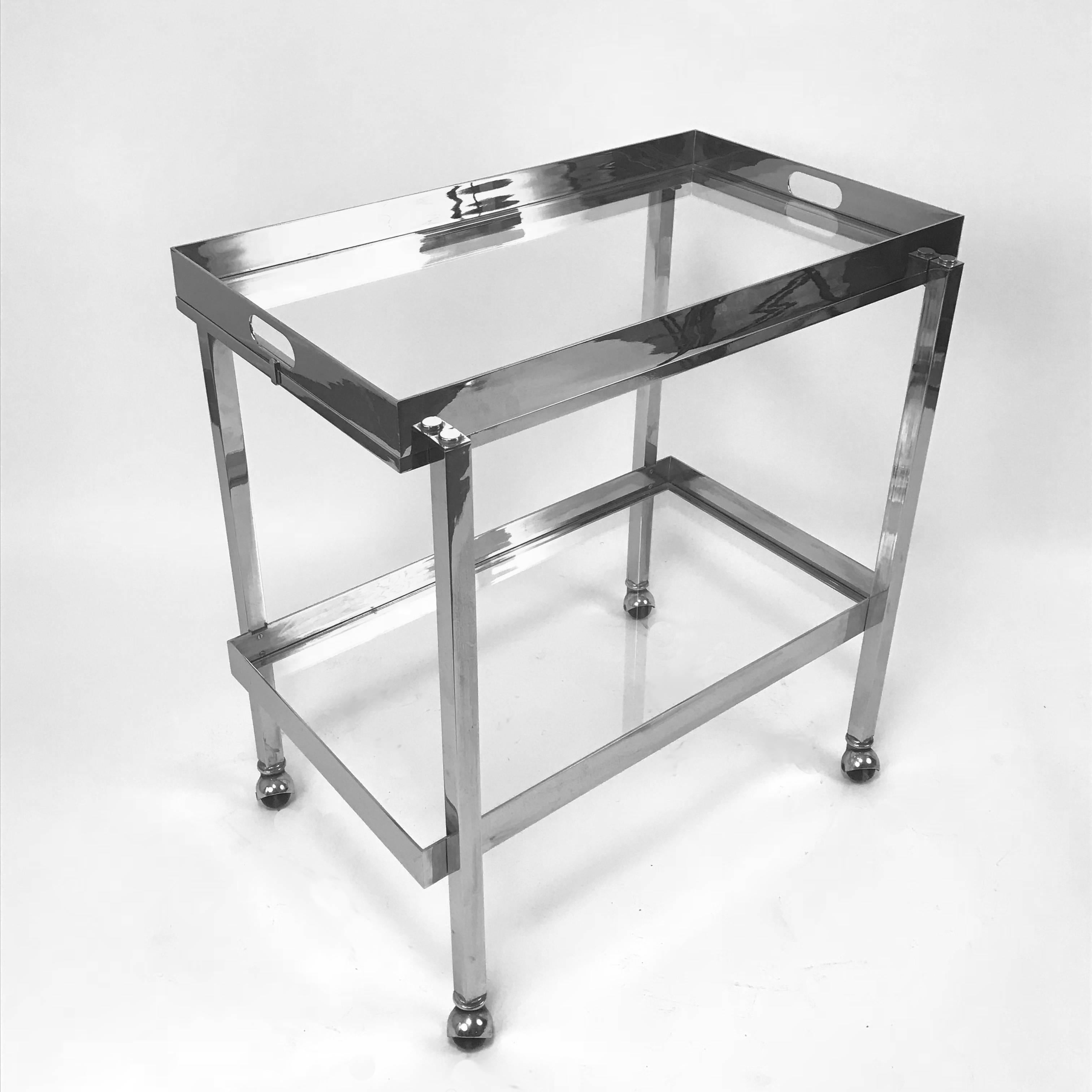 Bar Cart with Service Tray, Chromed Steel and Glass, Italy, 1970s 7