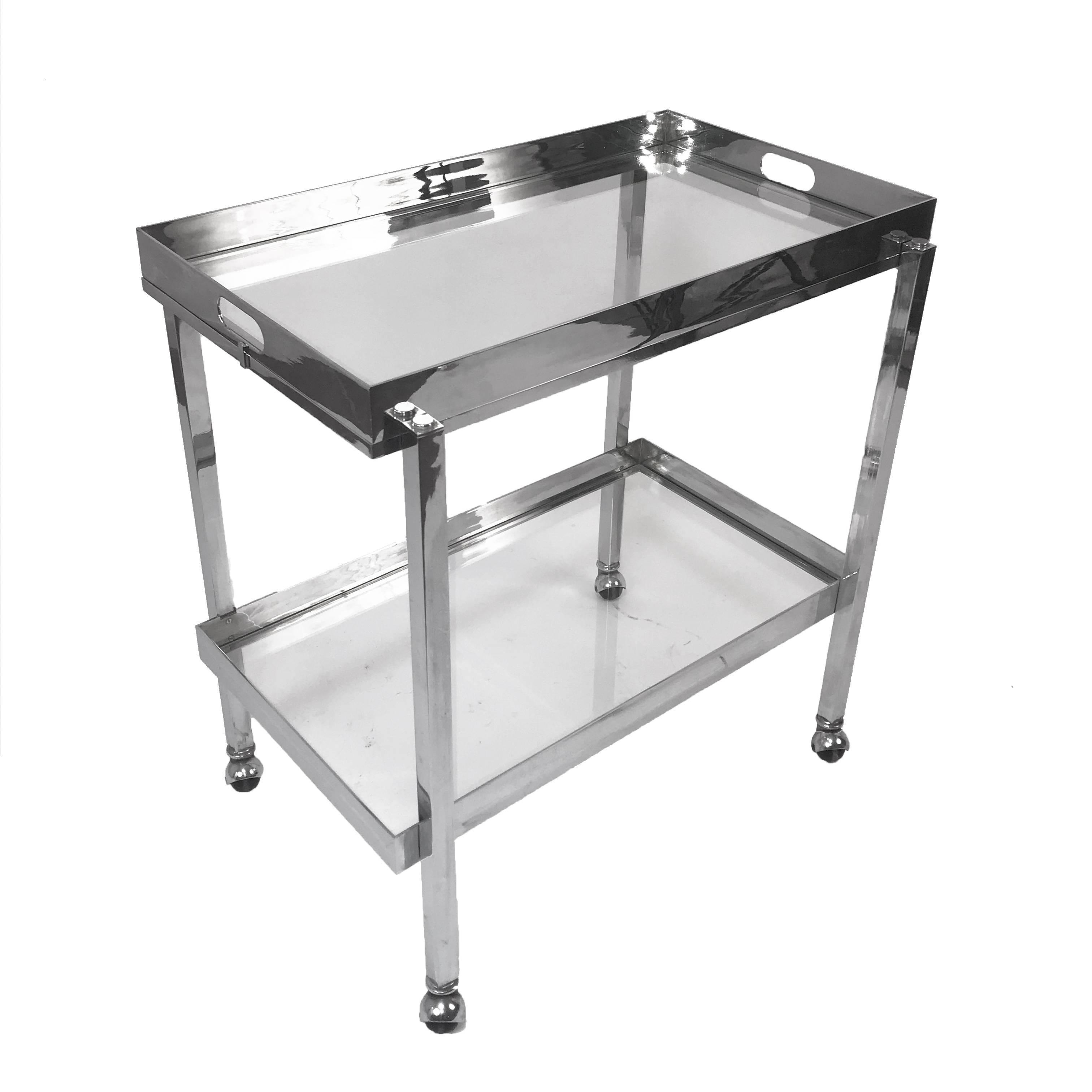 Beautiful trolley with serving tray. Chromed steel and glass, Italy, 1970s.