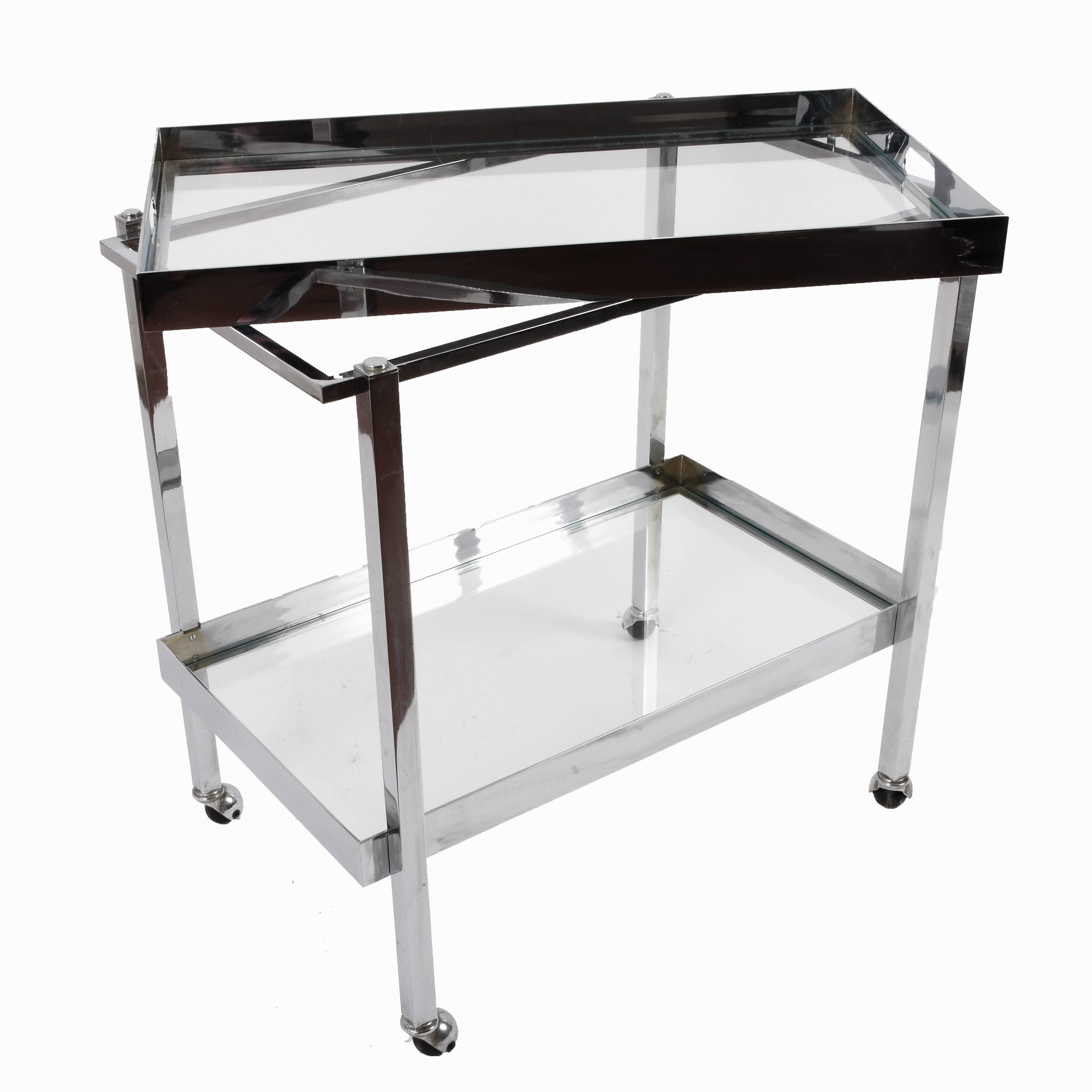 Mid-Century Modern Bar Cart with Service Tray, Chromed Steel and Glass, Italy, 1970s