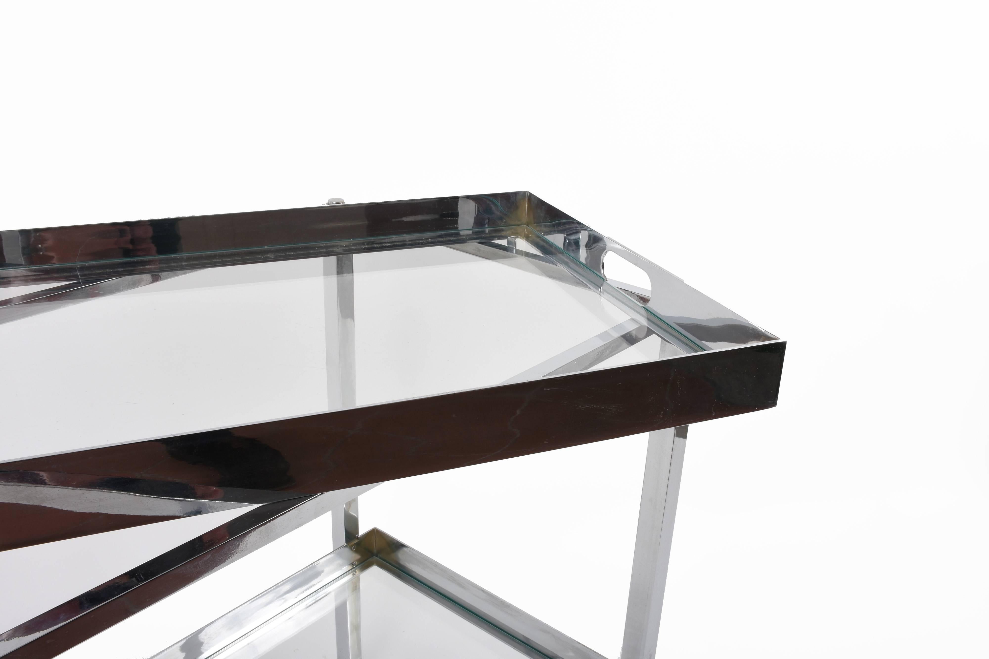 Bar Cart with Service Tray, Chromed Steel and Glass, Italy, 1970s 1