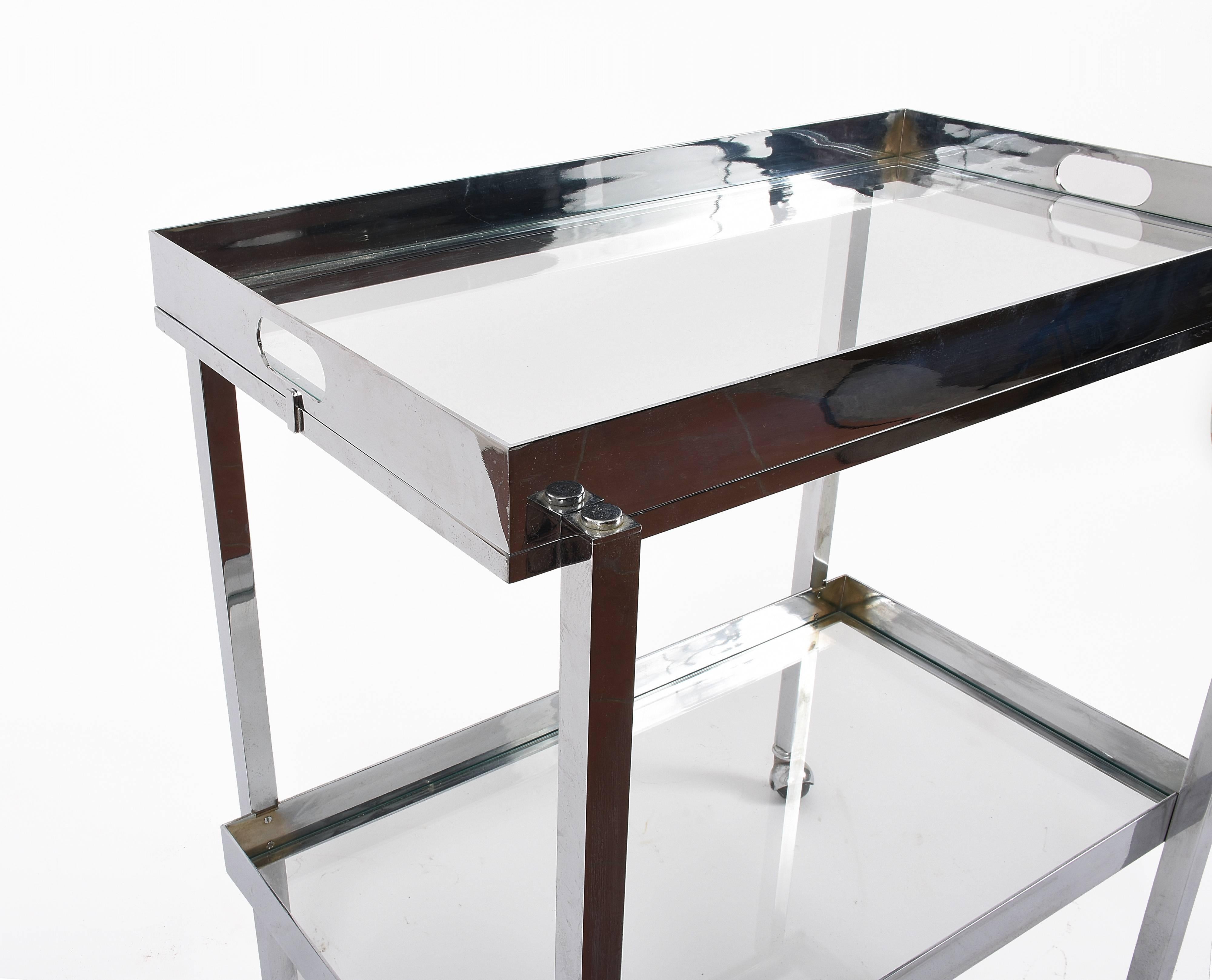 Bar Cart with Service Tray, Chromed Steel and Glass, Italy, 1970s 2
