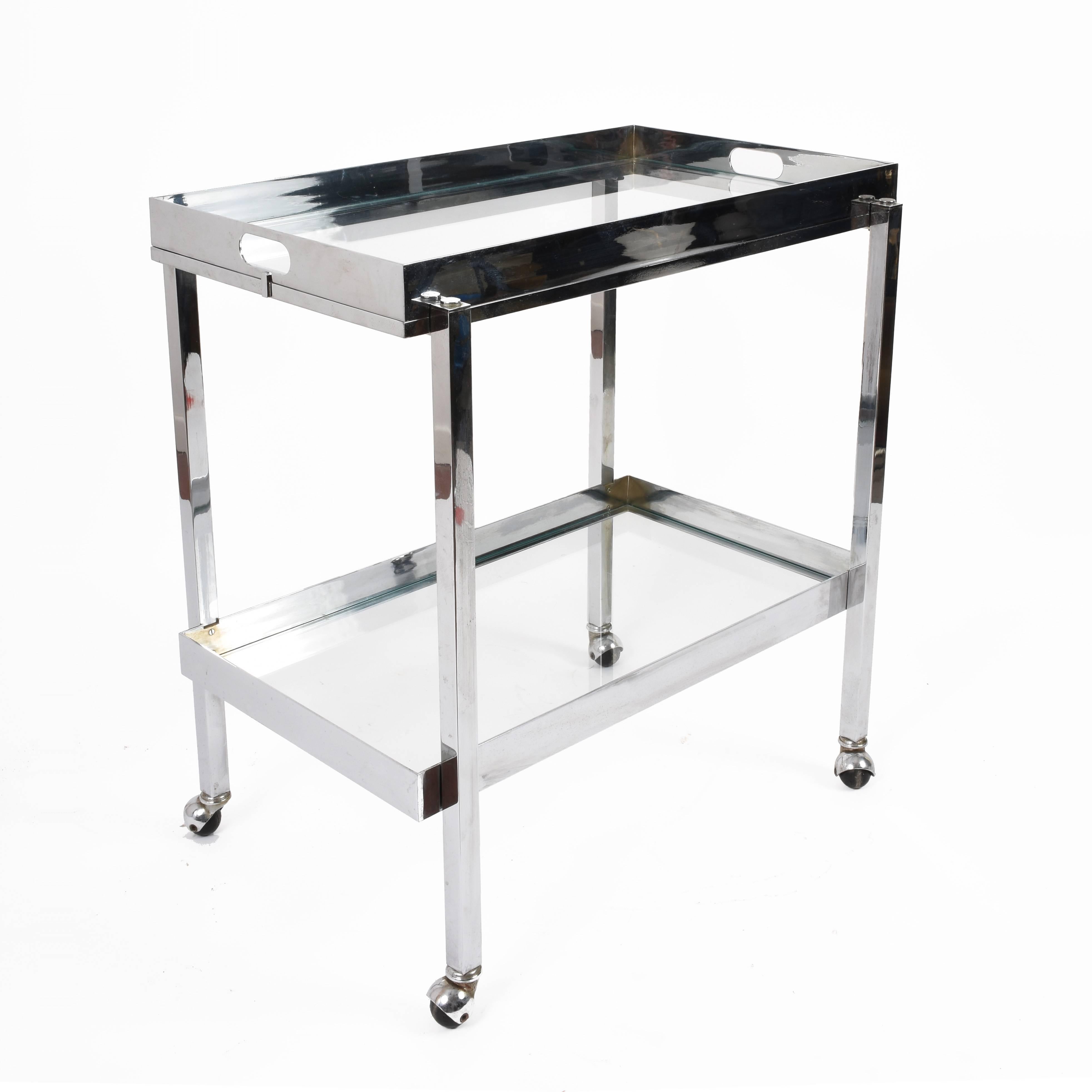 Bar Cart with Service Tray, Chromed Steel and Glass, Italy, 1970s 3