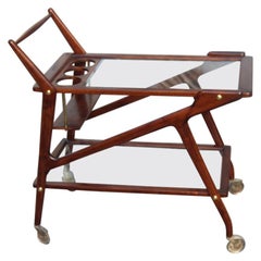 Bar Cart Wood and Glass Brown Color Italian Midcentury Design 1950s Geometric