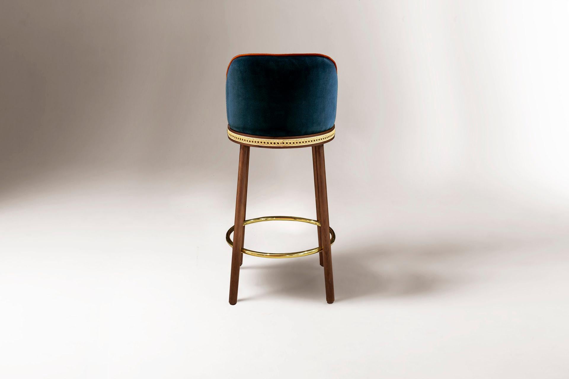 Portuguese Mid-Century Modern Bar Chair Alma in Blue Cotton Velvet, Walnut, Brass in Stock