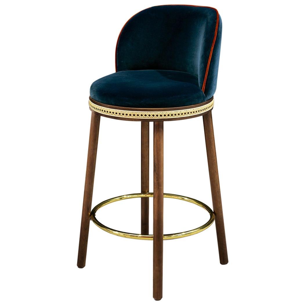 Mid-Century Modern Bar Chair Alma in Blue Cotton Velvet, Walnut, Brass in Stock
