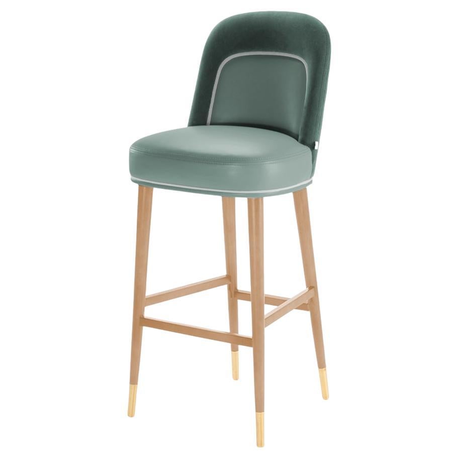 Bar Chair Frida in Solid Wood, Brass and Upholstery New For Sale