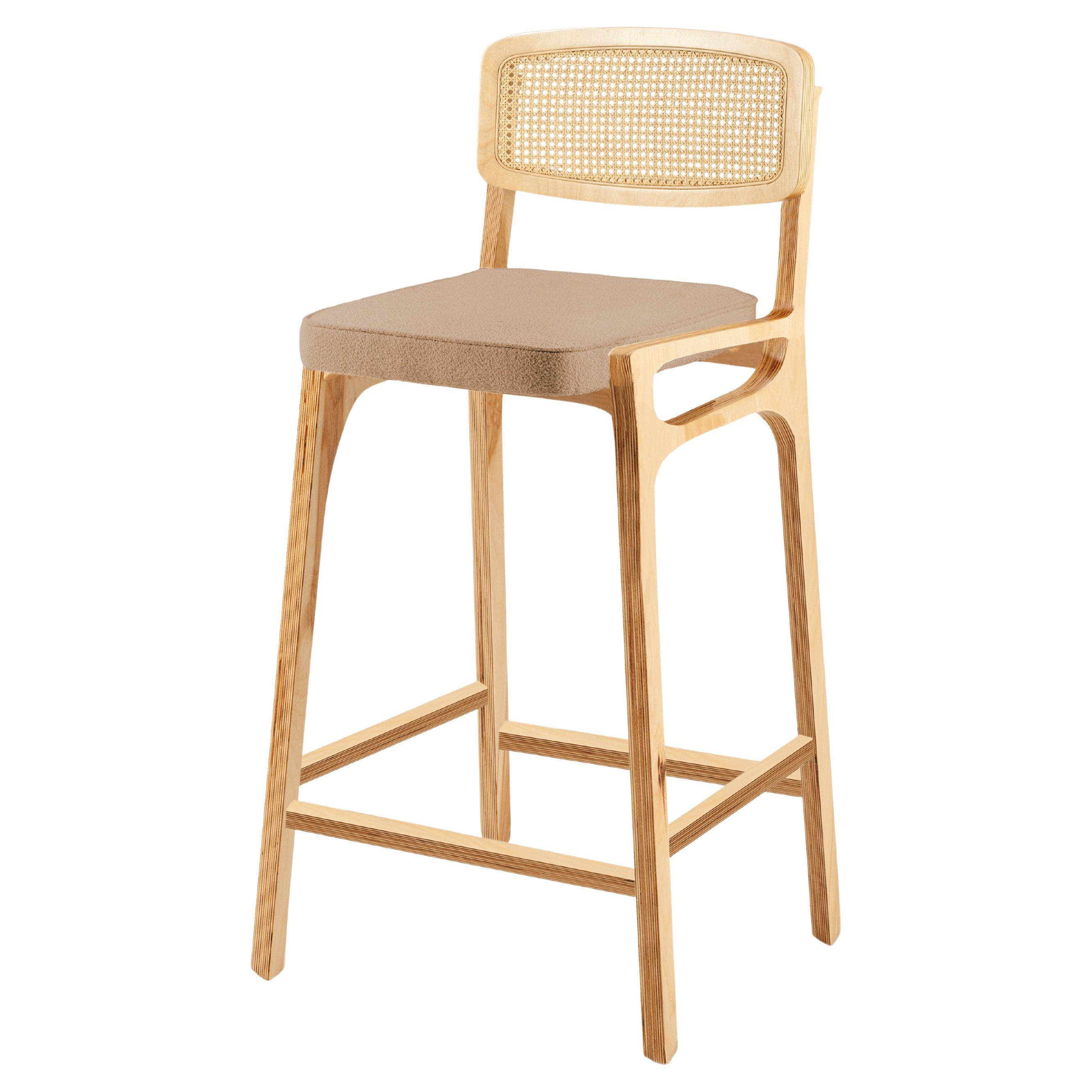 Bar Chair Karl in Natural Beech and Bouclê Latte