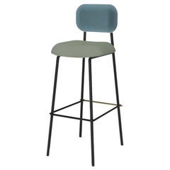 Bar Chair Miami with Soft Blue and Green Upholstery, Black base, Brass Details