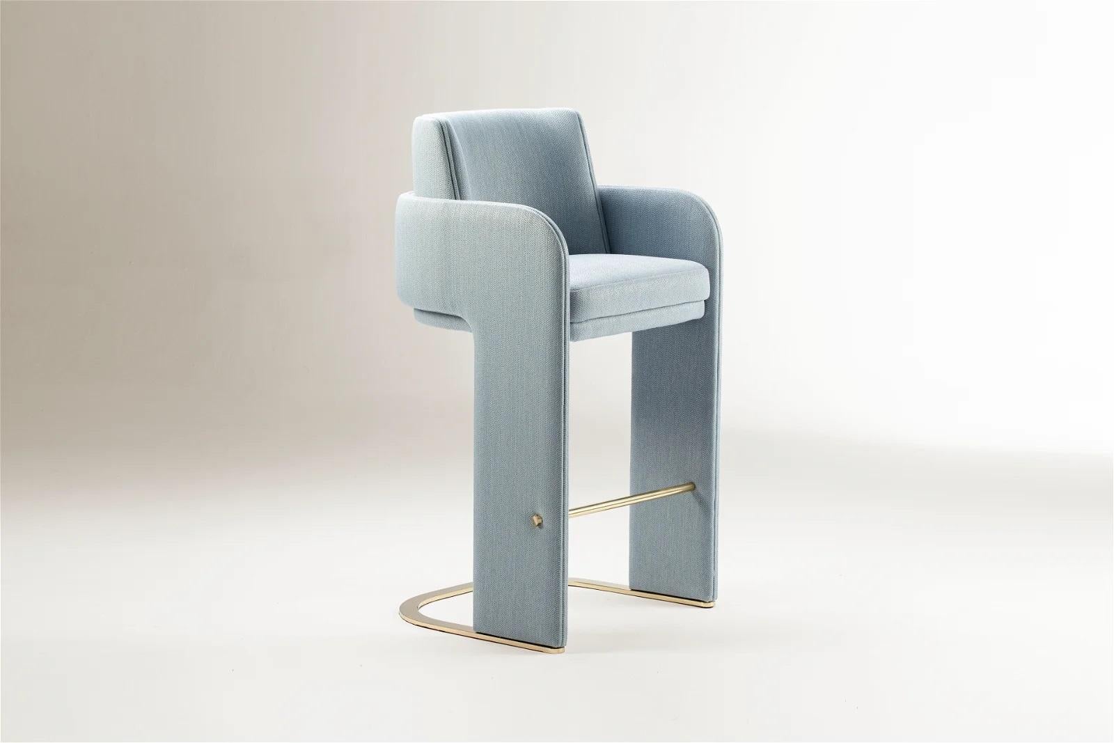 Portuguese DOOQ Bar Chair with Soft Light Blue Fabric and Brass Footrest Odisseia For Sale