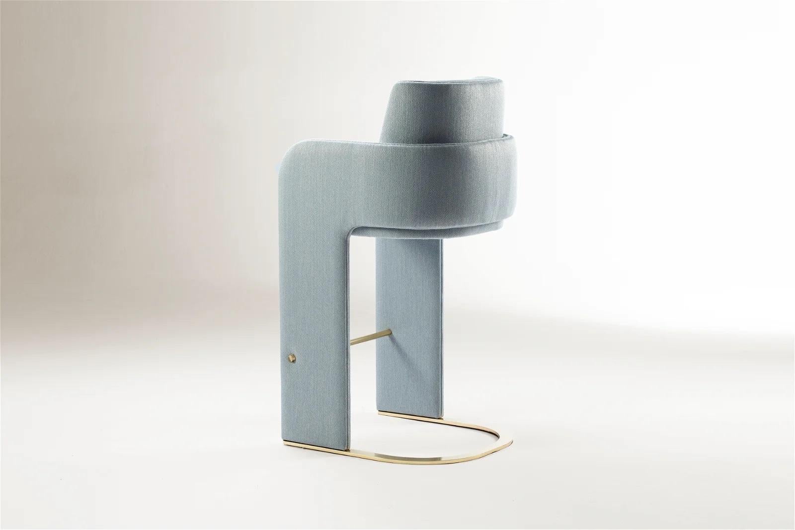 Polished DOOQ Bar Chair with Soft Light Blue Fabric and Brass Footrest Odisseia For Sale