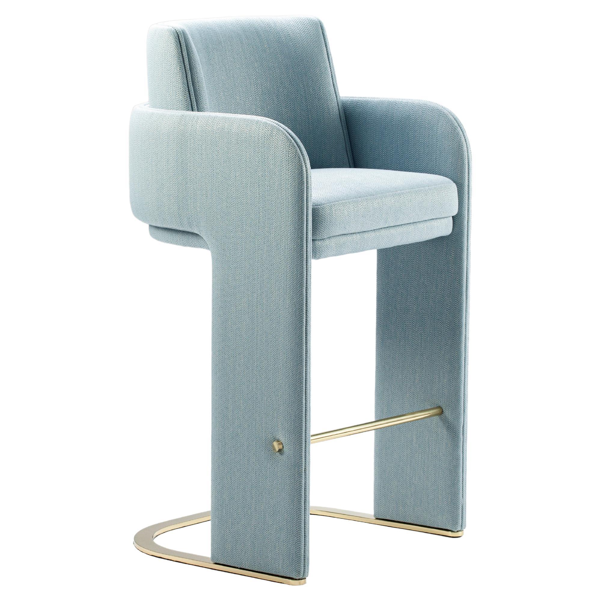 DOOQ Bar Chair with Soft Light Blue Fabric and Brass Footrest Odisseia