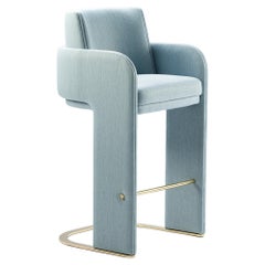Bar Chair with Soft Light Blue Fabric and Brass Footrest Odisseia