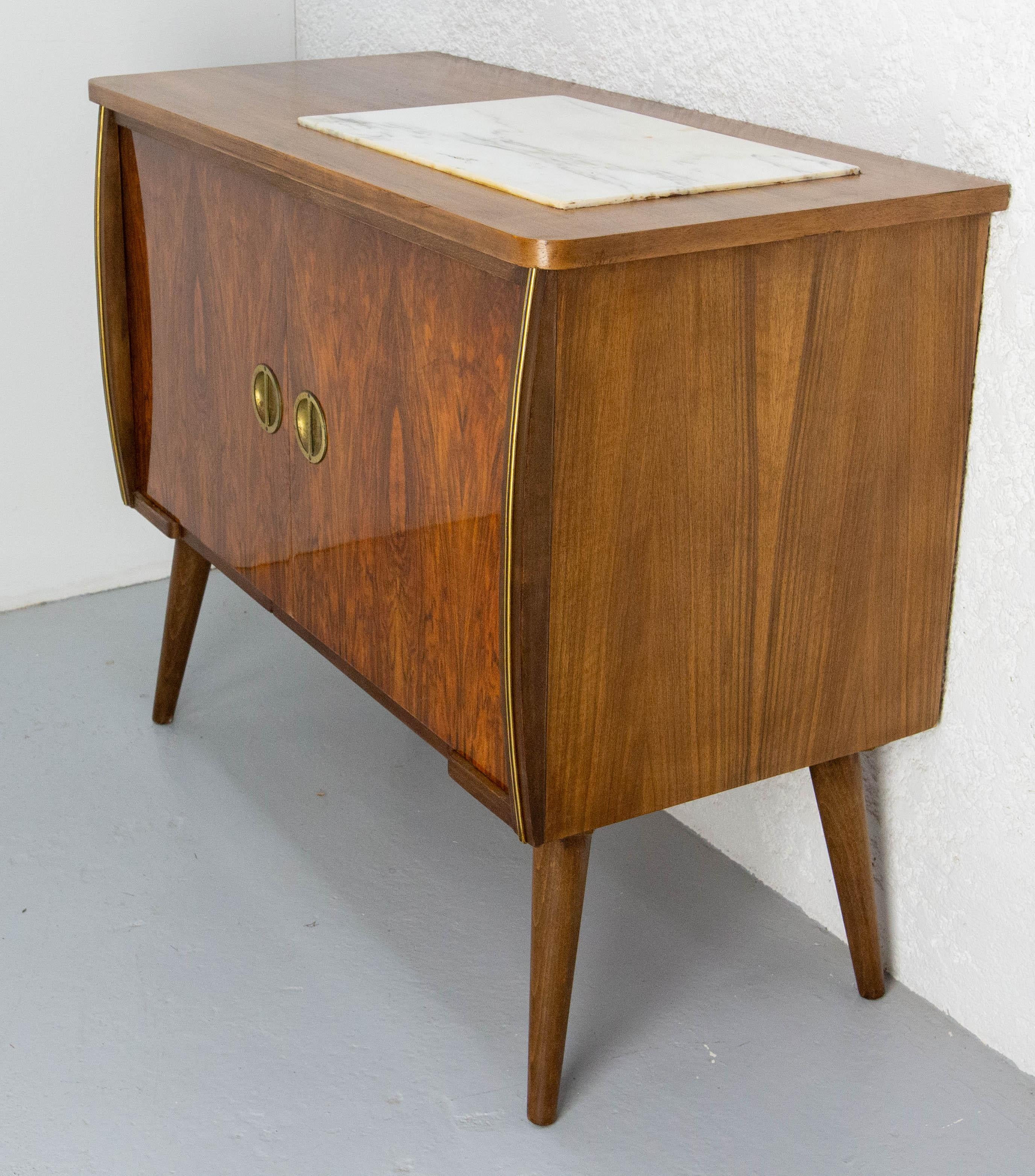 French Bar Cocktail Cabinet, Walnut & Marble France, 20th Mid-Century For Sale
