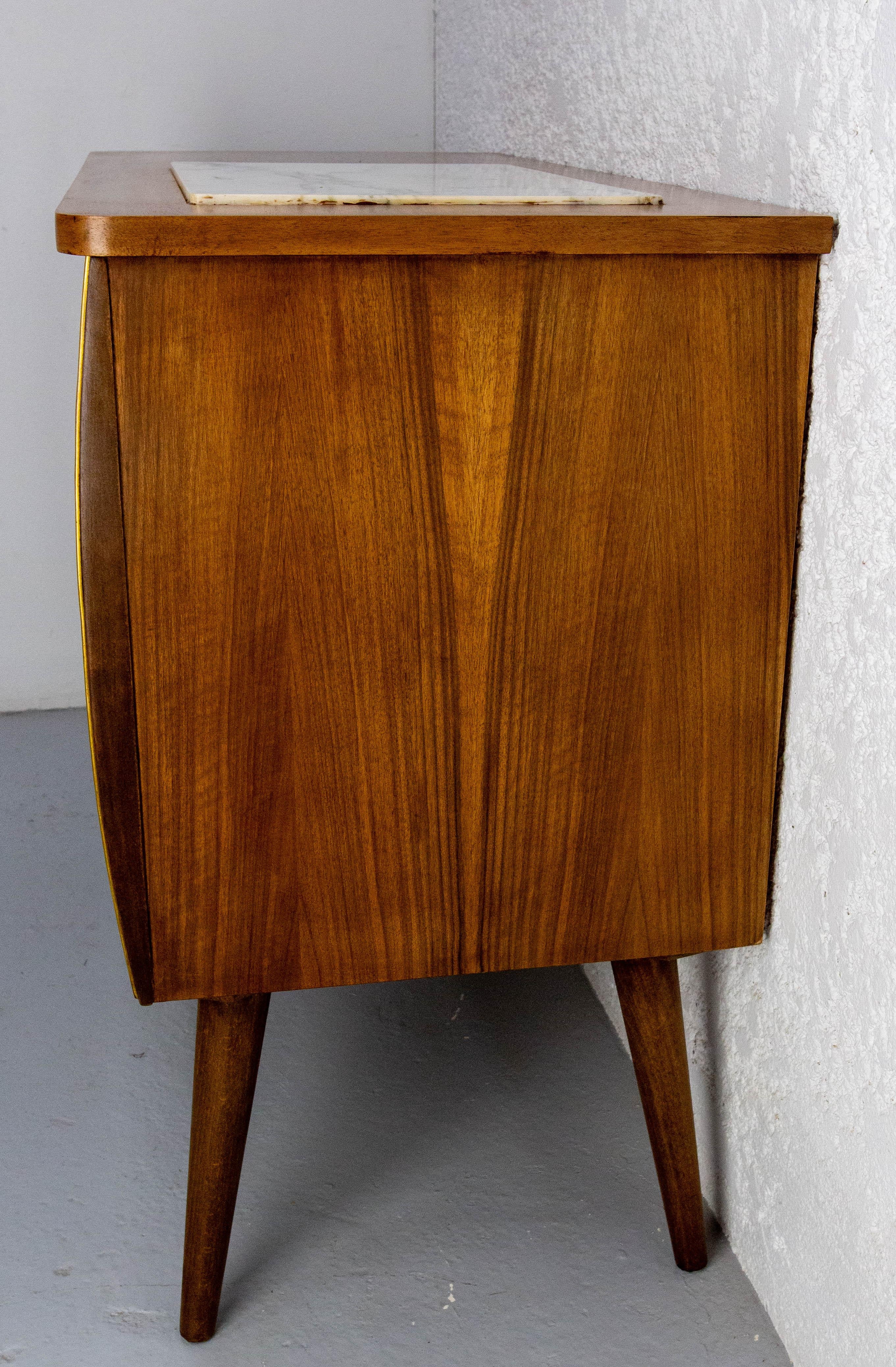 Bar Cocktail Cabinet, Walnut & Marble France, 20th Mid-Century In Good Condition For Sale In Labrit, Landes