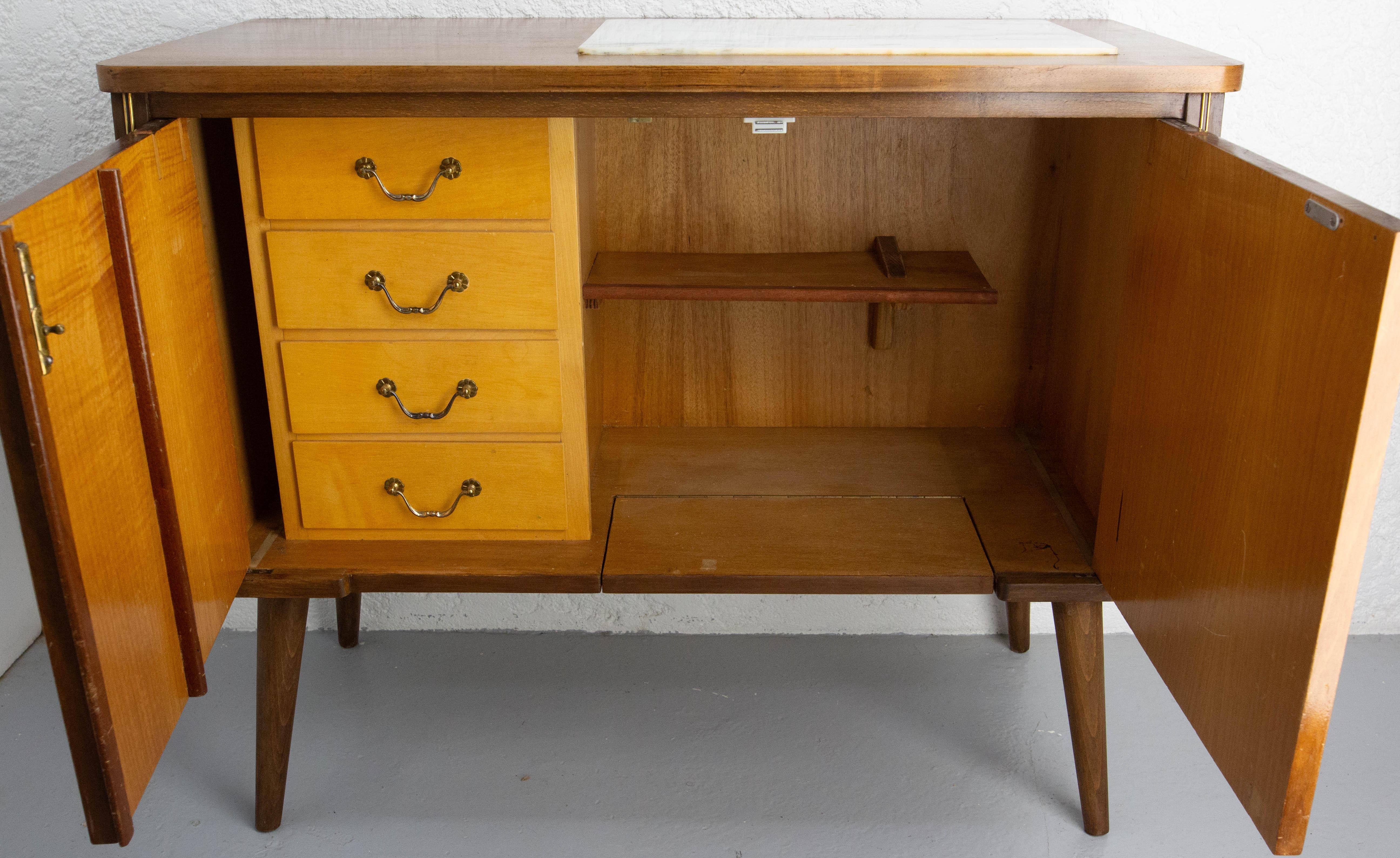 Bar Cocktail Cabinet, Walnut & Marble France, 20th Mid-Century For Sale 2