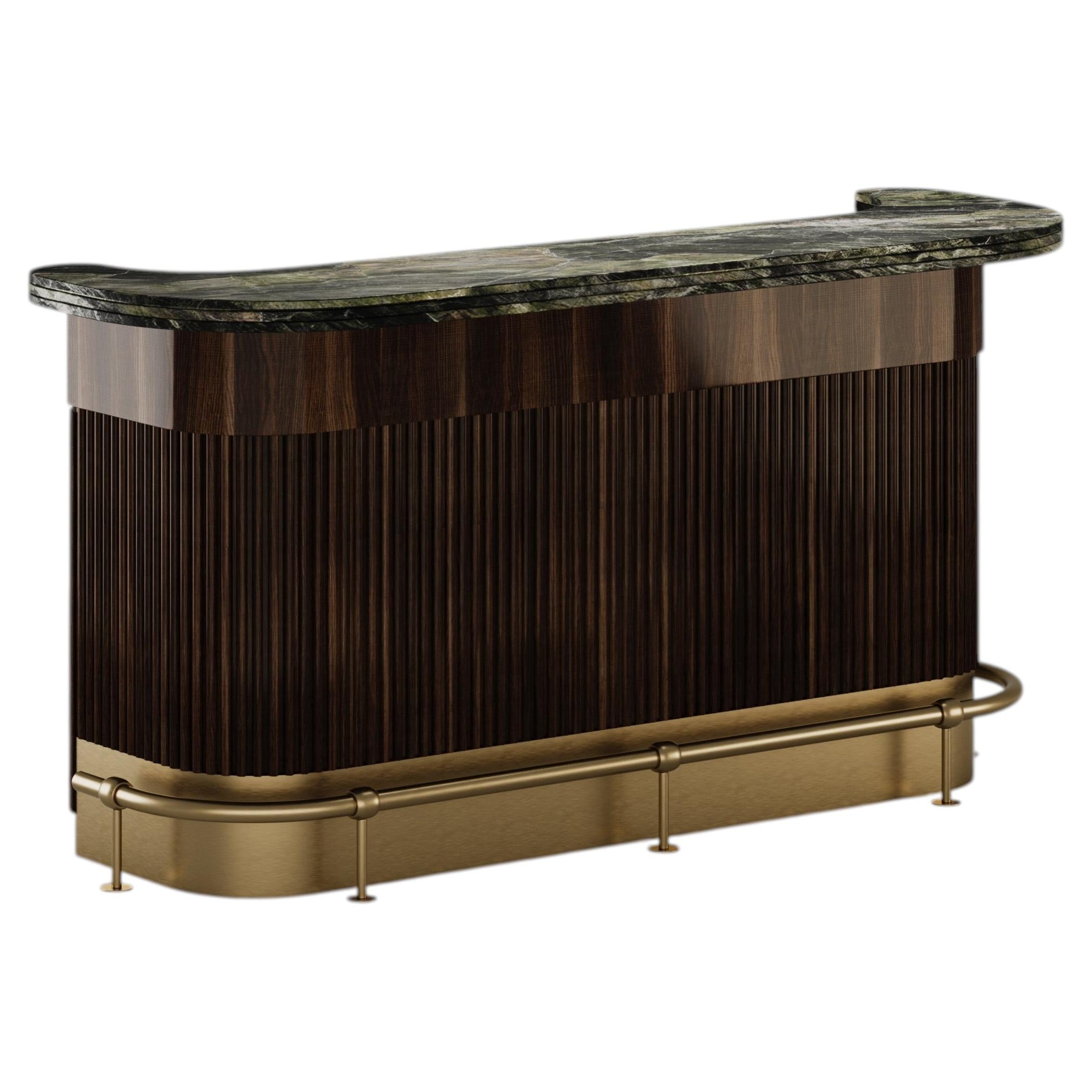 Bar Counter in Dark Wood, Jade Marble and Brushed Brass Details