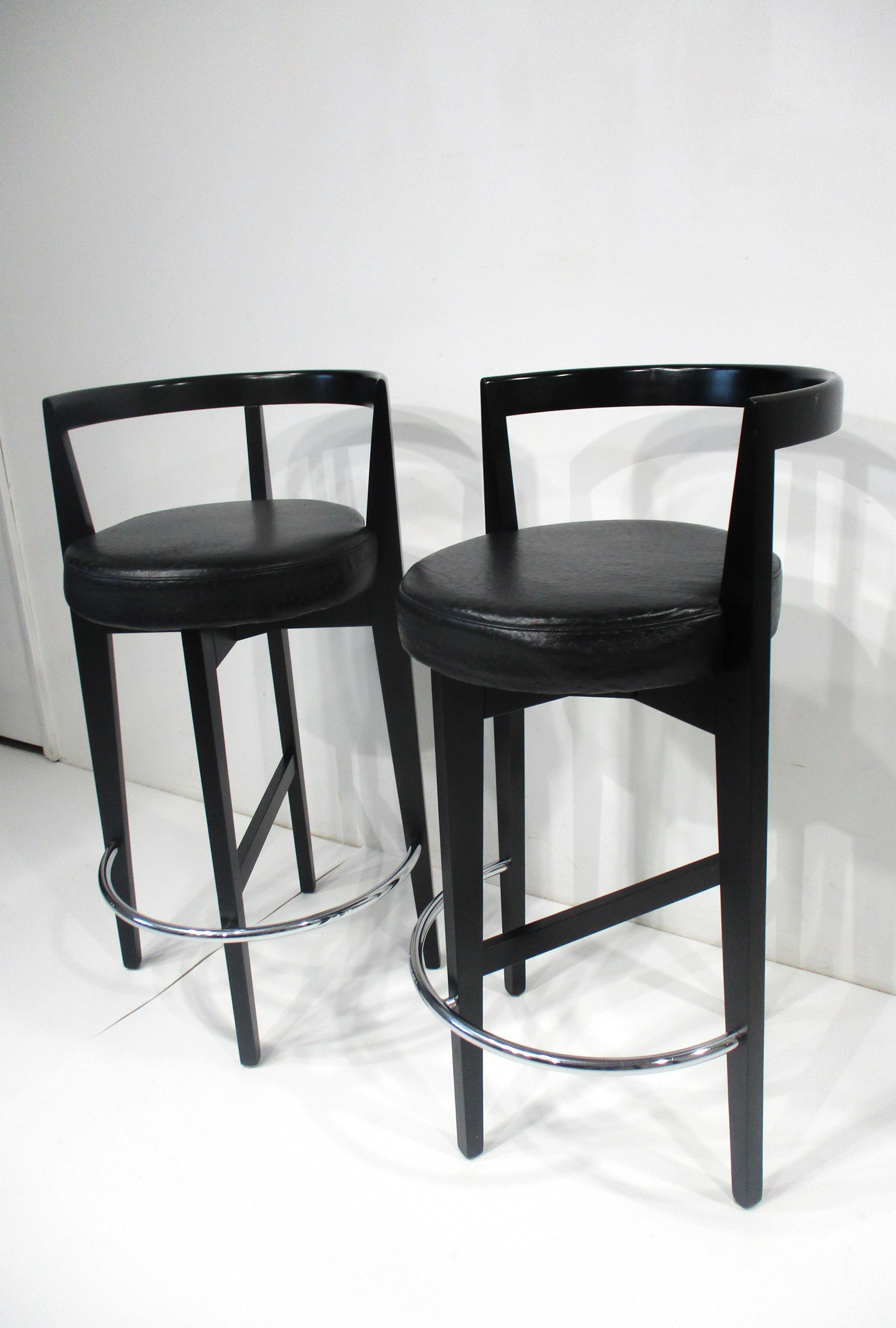 Modern Bar / Counter Leather Wood Chrome Stools in the style of Leon Pace  For Sale