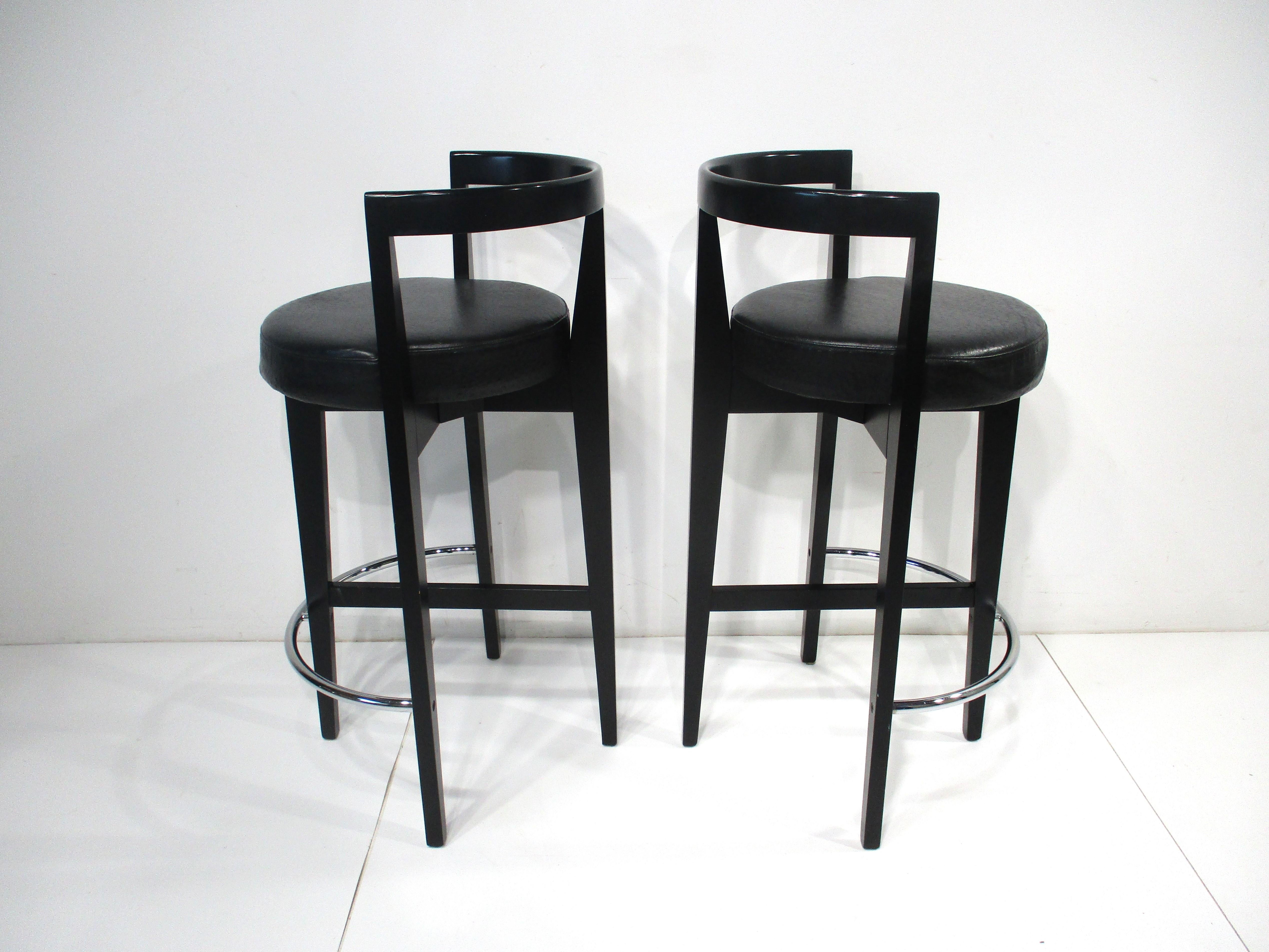 Italian Bar / Counter Leather Wood Chrome Stools in the style of Leon Pace  For Sale