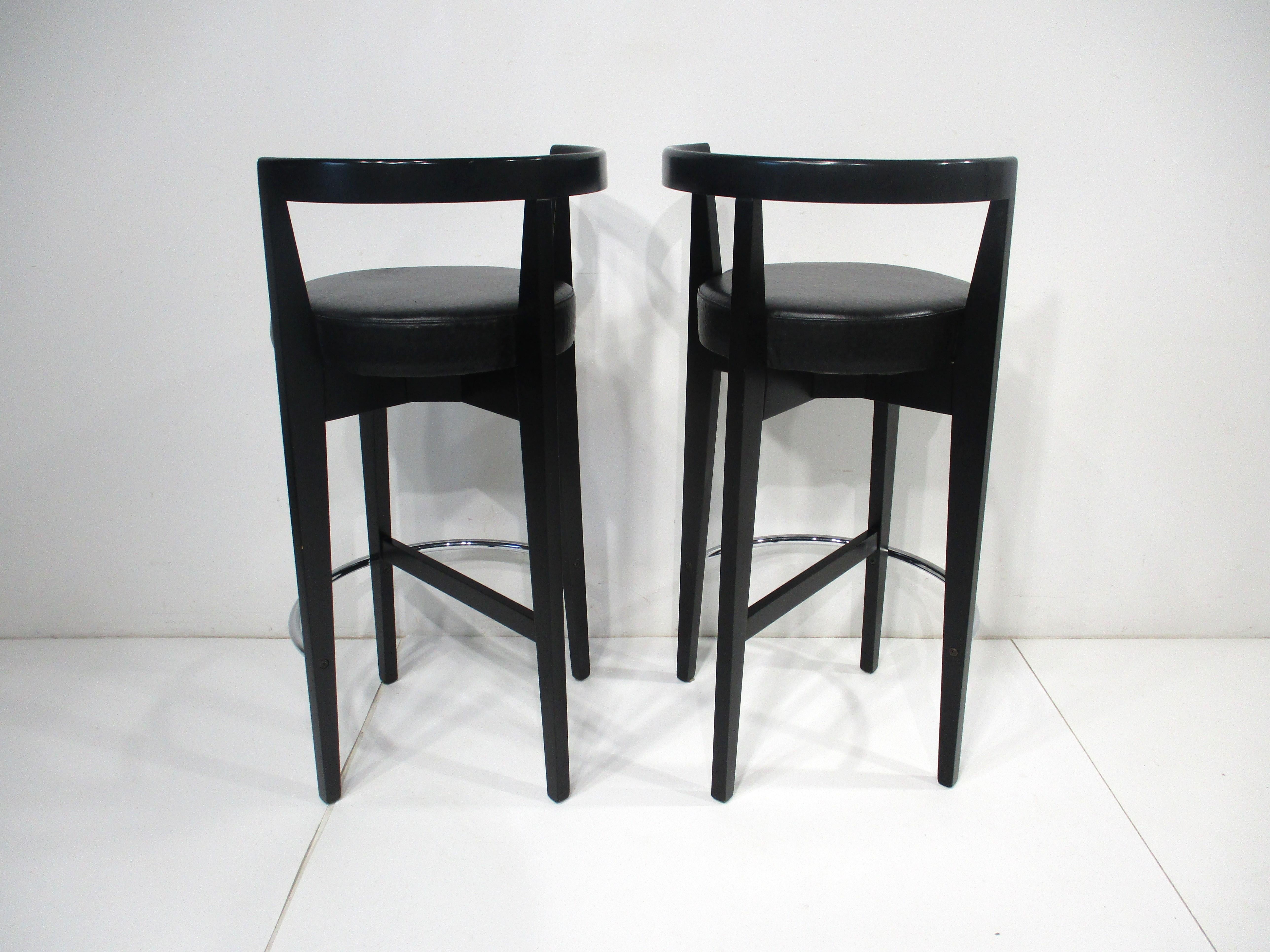 20th Century Bar / Counter Leather Wood Chrome Stools in the style of Leon Pace  For Sale