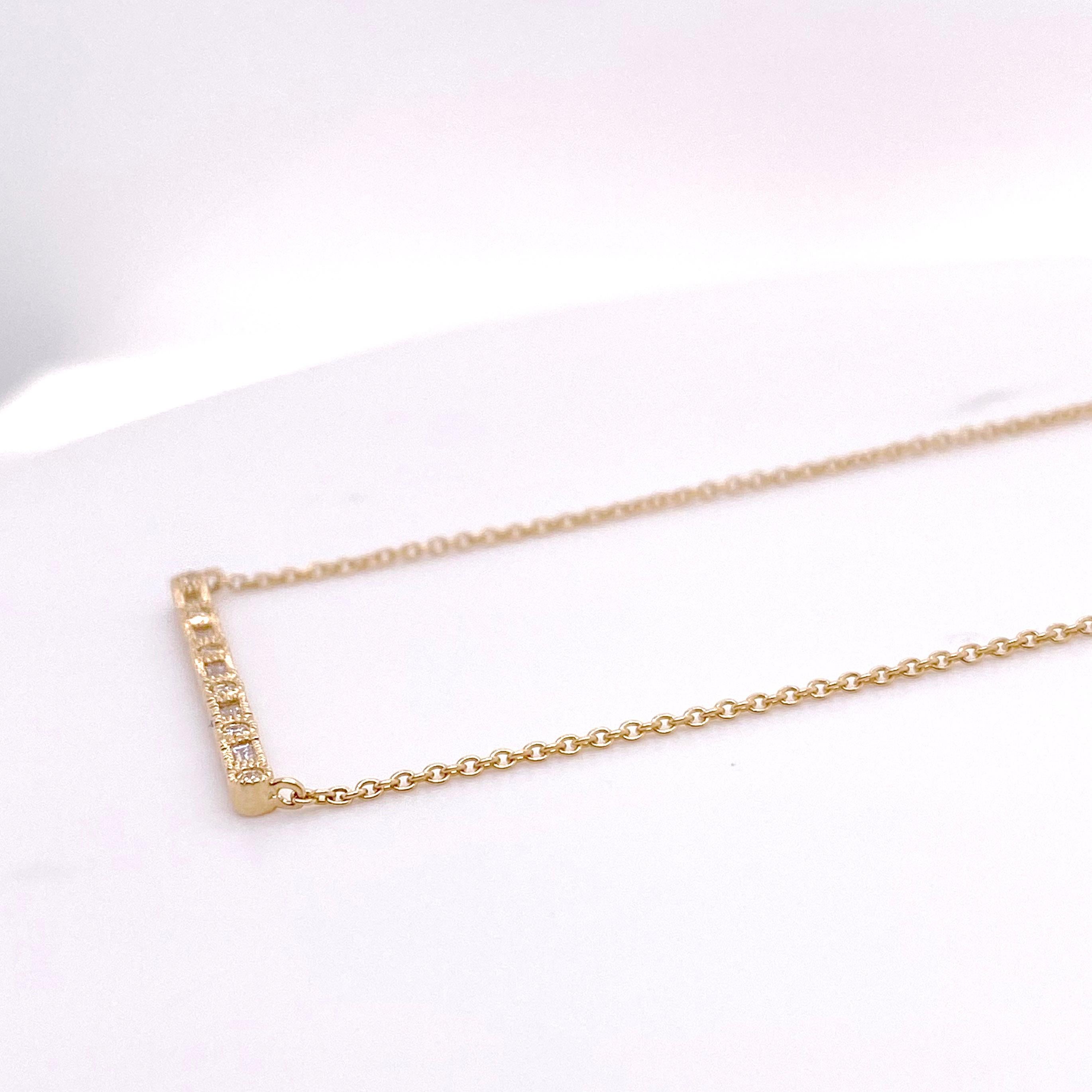Contemporary Diamond Bar Necklace, Baguette Diamonds and Round Diamonds Yellow Gold For Sale
