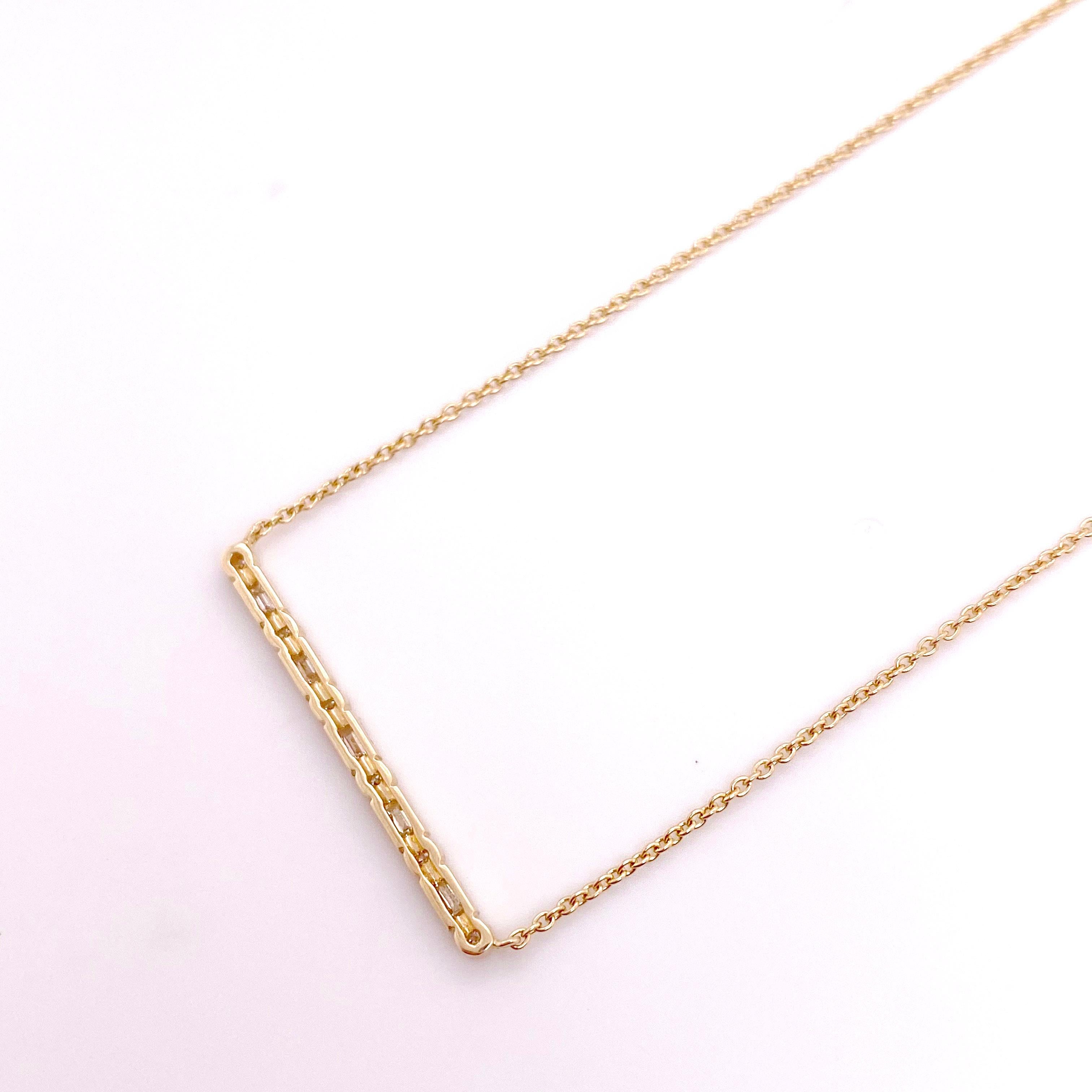 Round Cut Diamond Bar Necklace, Baguette Diamonds and Round Diamonds Yellow Gold For Sale